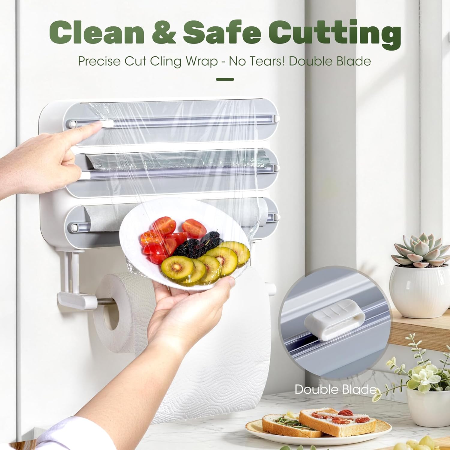 Wall Roll Holder Kitchen 4-in-1 Foil Cutter - Improves Cling Film Dispenser with Cutter - Magnetic Film Dispenser with Kitchen Roll Holder - Includes 50 m Cling Film, White