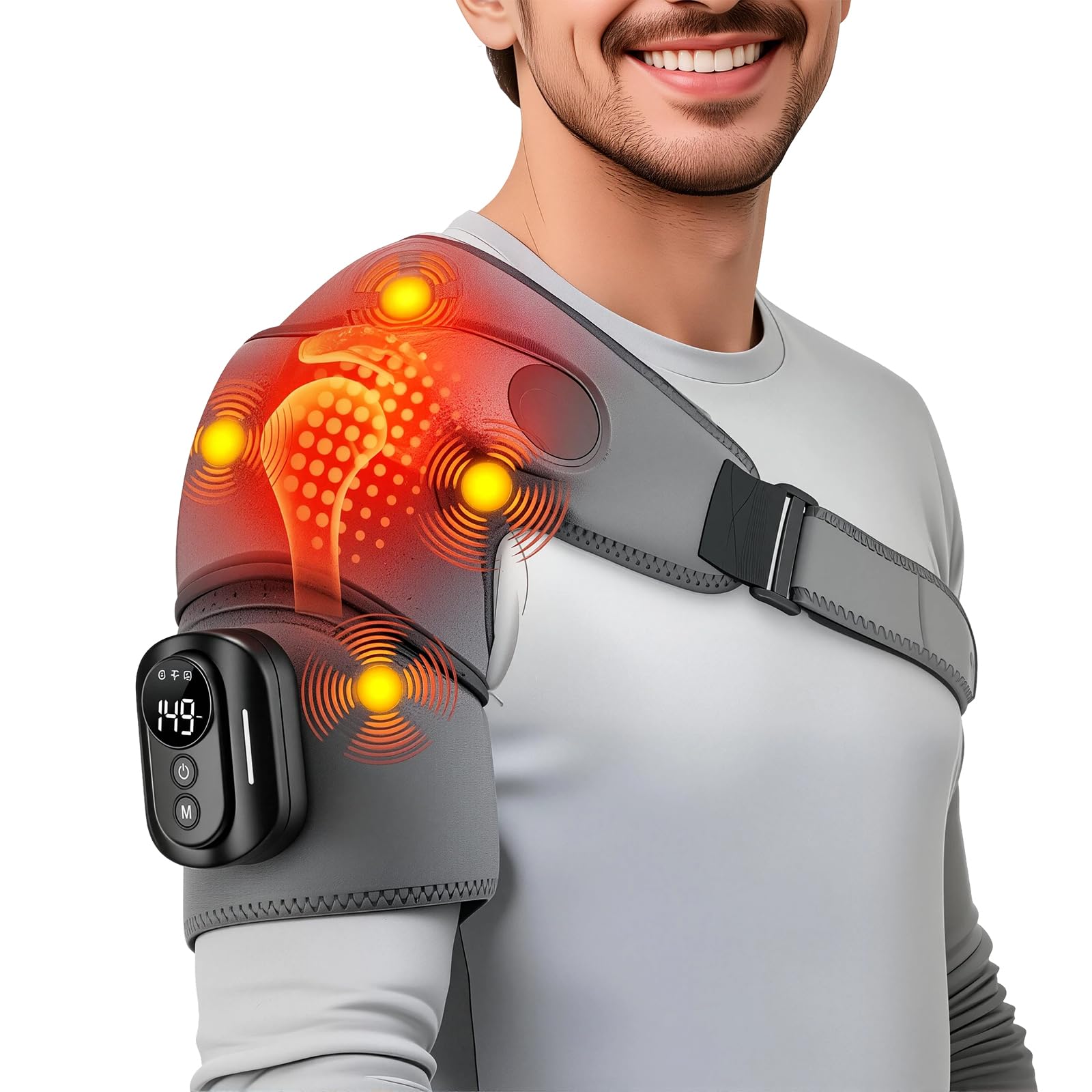 Hewelth Triple Method Schulter-Massagegerät, 5 einstellbare Wärme- & Vibrationsmodi, 5000mAh Dreifach-Methode Schultermassagegerät mit Fernbedienung, 3-Gang-Timer, ideal für Zuhause, Büro (Grau)