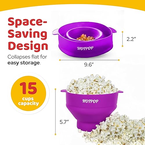 Miniatura 96 de El Hotpop Original - Palomitero para microondas, Popcorn, contenedor de silicona para hacer de palomitas de maíz, cuenco plegable sin BPA y apto