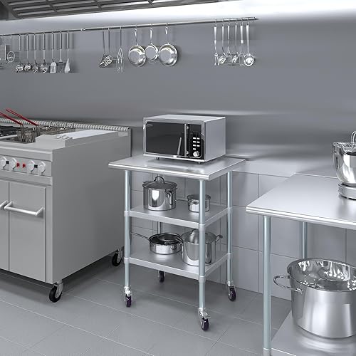 Miniatura 132 de AmGood Mesa de trabajo de acero inoxidable con 2 estantes y ruedas Mesa de trabajo de metal con ruedas