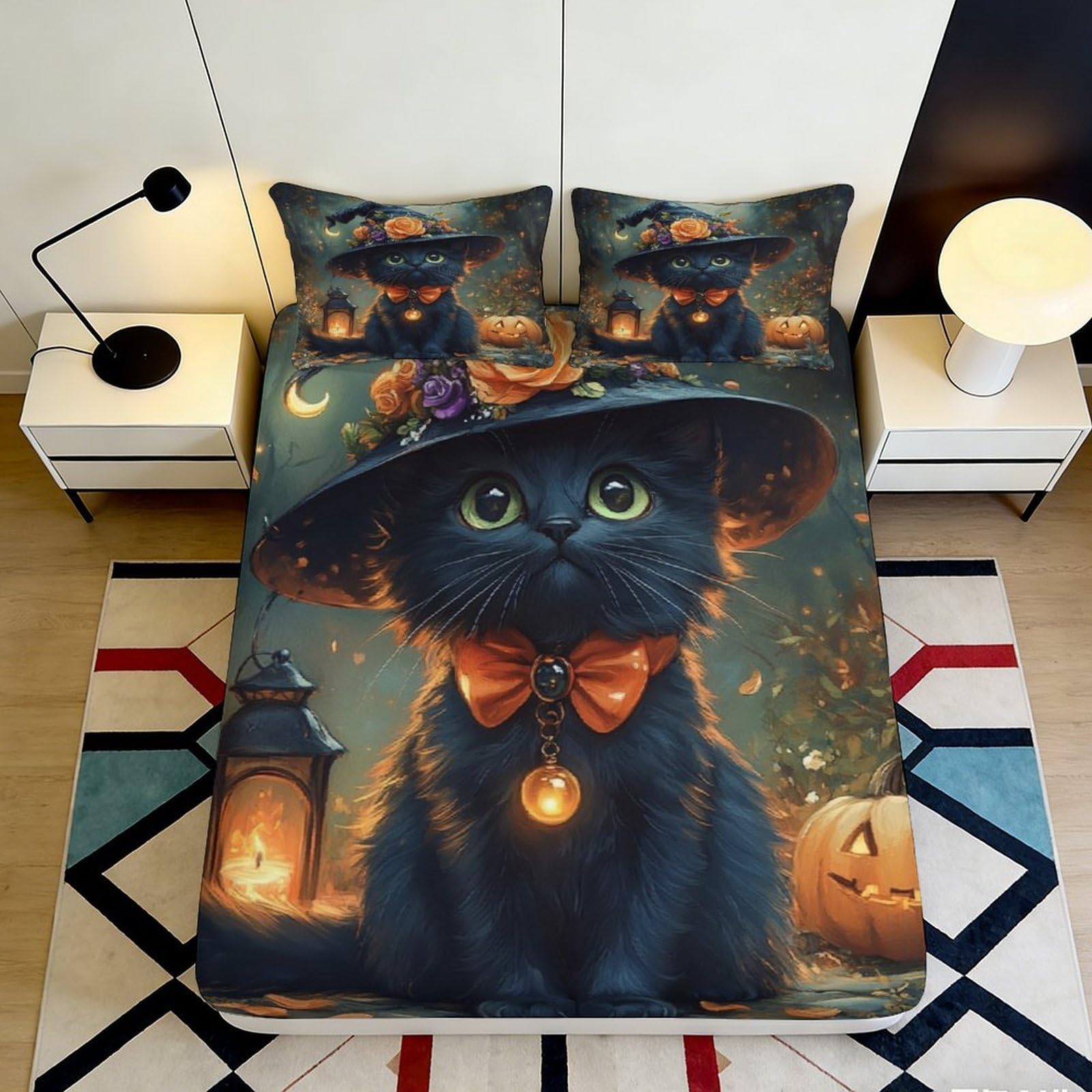 Pnayamiorkfel Style-4 3D Printed Halloween Witch Cat Fitted Sheet Microfiber Soft Black Kitten Bed Cover For Bedroom Dorm Decor 90X200x25cm
