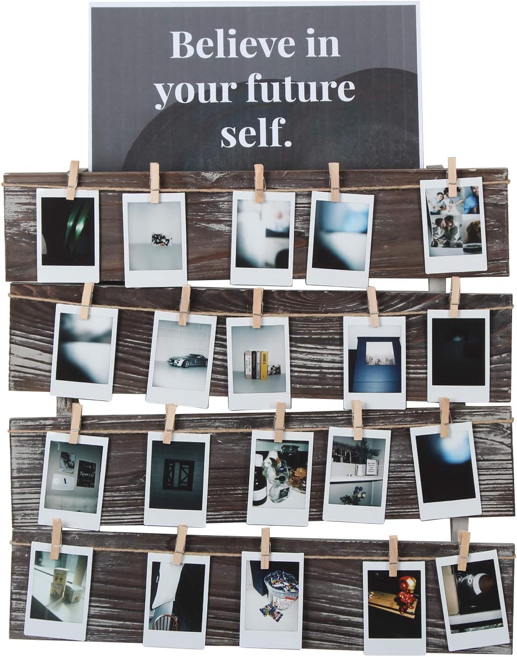 J JACKCUBE DESIGN Wall Mount Rustic Wood Clip Photo Holder, Photo Collage Frame for Multi Photo Display Wall Décor with 24 Clips 17.5 X 17.3inch - MK558A