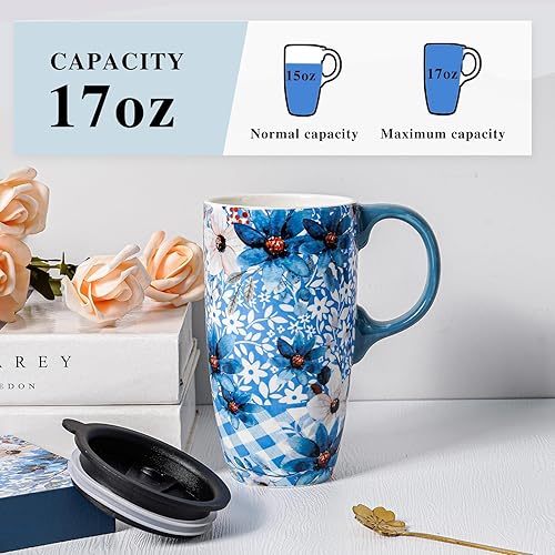 Miniatura 4 de Taza de café de viaje de cerámica con tapa, regalo para el hogar y la oficina, taza de té alta de porcelana de 17 onzas con mango de arte floral en