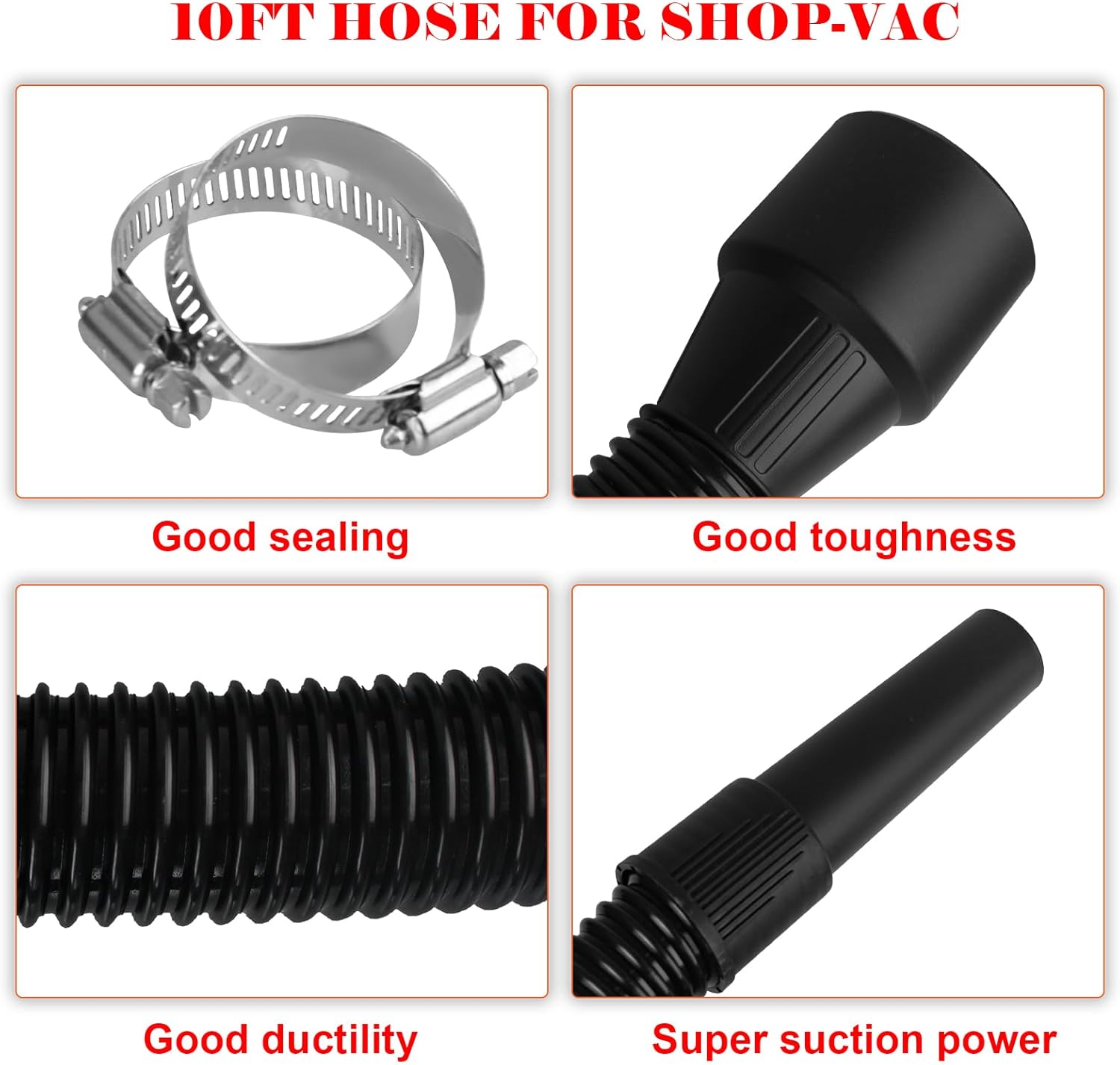 IWIWE 2 1/4" 10FT Hose Replacement for Shop-Vac,Craftsman 17761 17967 17965 and Ridgid WD650 WD0950 WD06350 Wet & Dry Vaccuum Vacs,Extension Hose 2 1/4" Cuff (Includes 2 Clamps)
