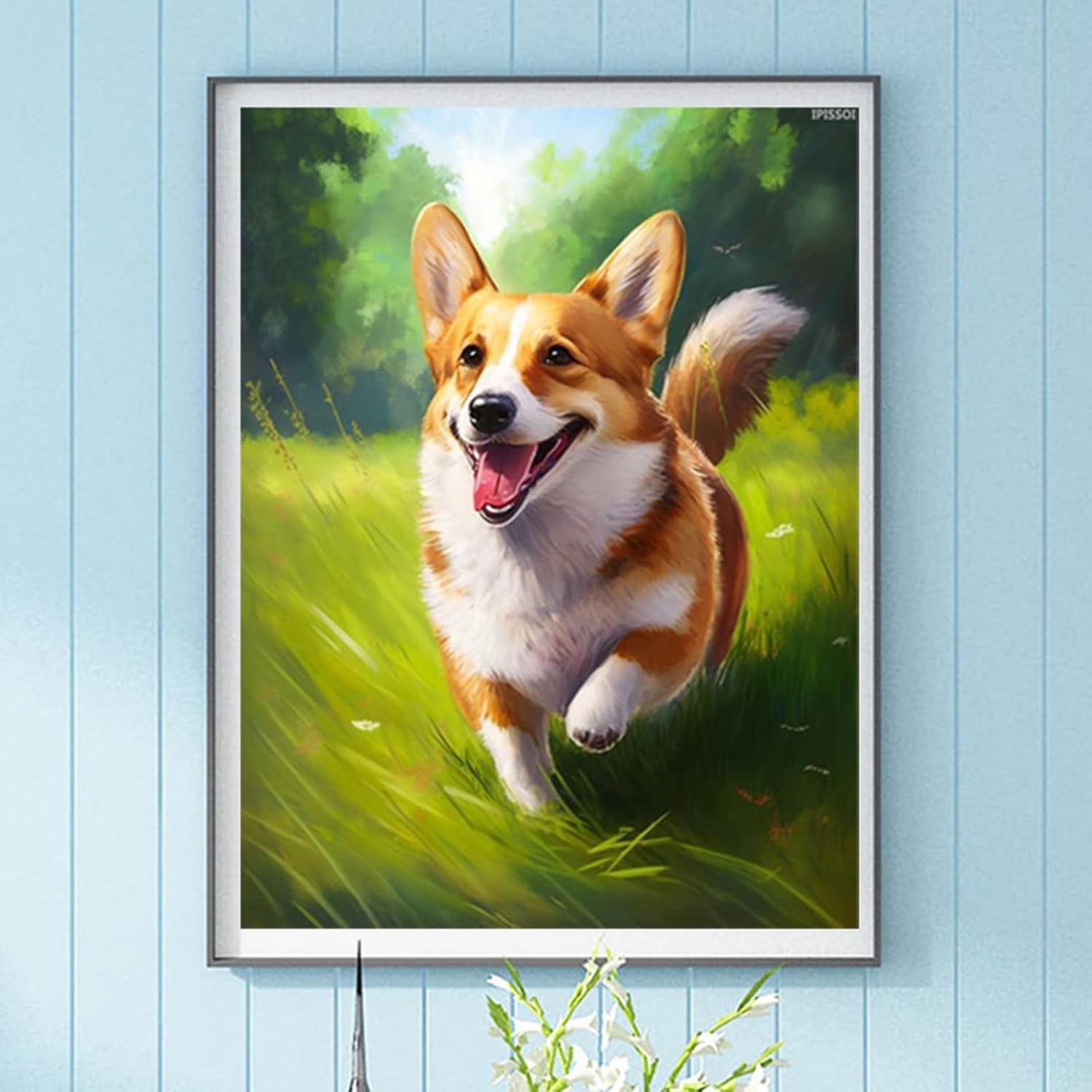 IPISSOI Diamond Painting Kits for Adults, Pembroke Welsh Corgi is Frolicking on The Grass 5D DIY Diamond Art Kits Full Drill Diamond for Gift Wall Decor Gem Arts Animals 12x16 inch