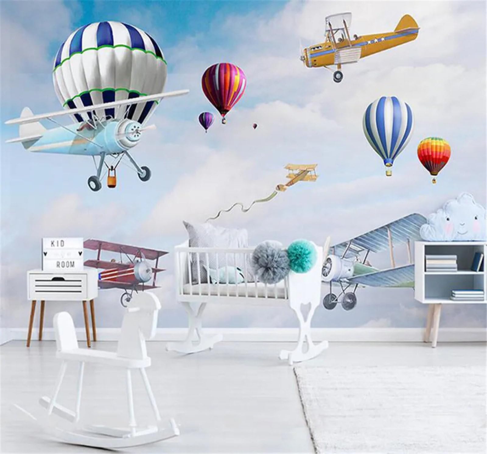 Tzxztt Cartoon Fresh Hot Air Balloon Aeroplane Sky Modern 3D Wallpaper Premium Textured Silk Neutral Tones Material Ideal for Living Room Bedroom-430cm×300cm