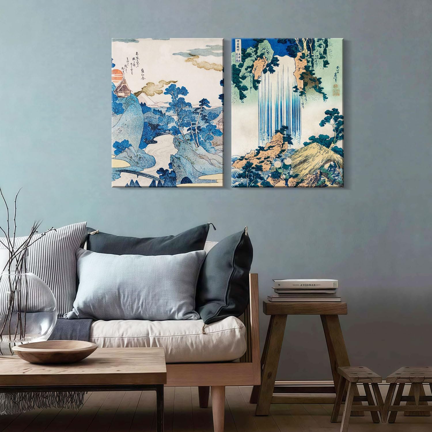 2Pcs Framed Landscape waterfall Japanese Ukiyo-e Wall Art Decor Canvas Print Picture Traditional Woodblock Print Style Poster Gallery Bedroom Living Room Office 16x24 Inch Ready to Hang