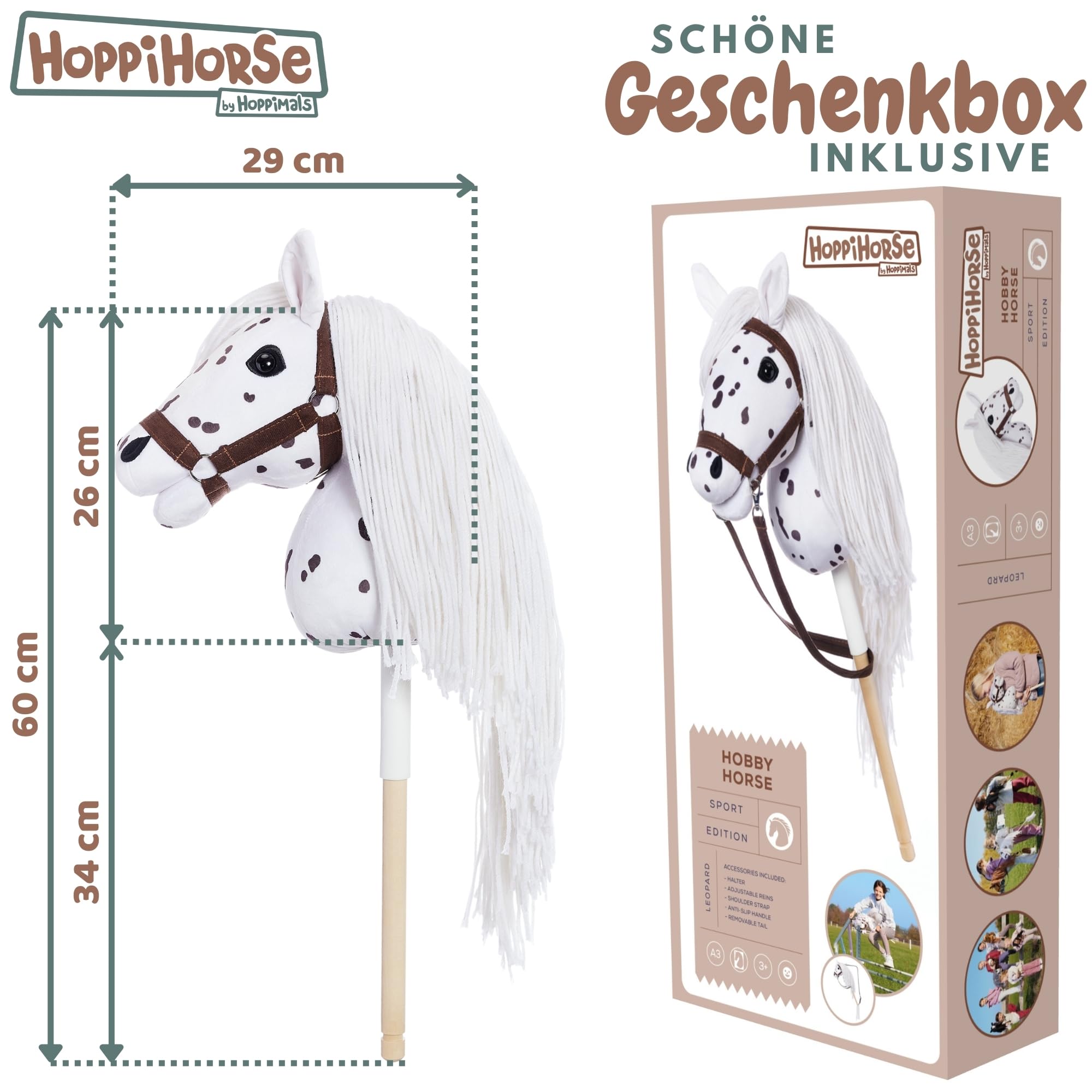 HOPPIHORSE Steckenpferd mit Trense - A3 - Hobby Horse mit Zügeln, Schultergurt, Schweif - hochwertiges Plüsch mit Langer Mähne - Silikongriff für besseren Halt - mit Geschenkverpackung