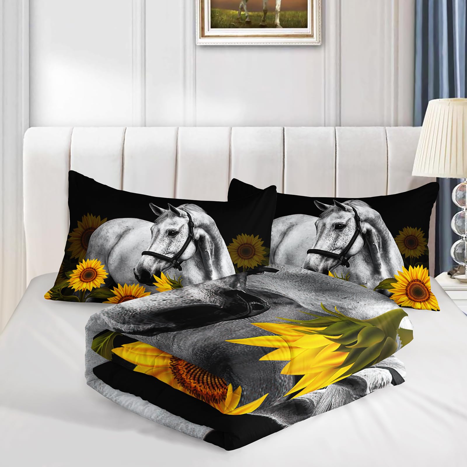 Axolotl Juego de ropa de cama de caballo, juego de edredón de girasol, juego de ropa de cama floral campestre, edredón de caballo galopante, juego de ropa de cama de girasol para niños, niñas,