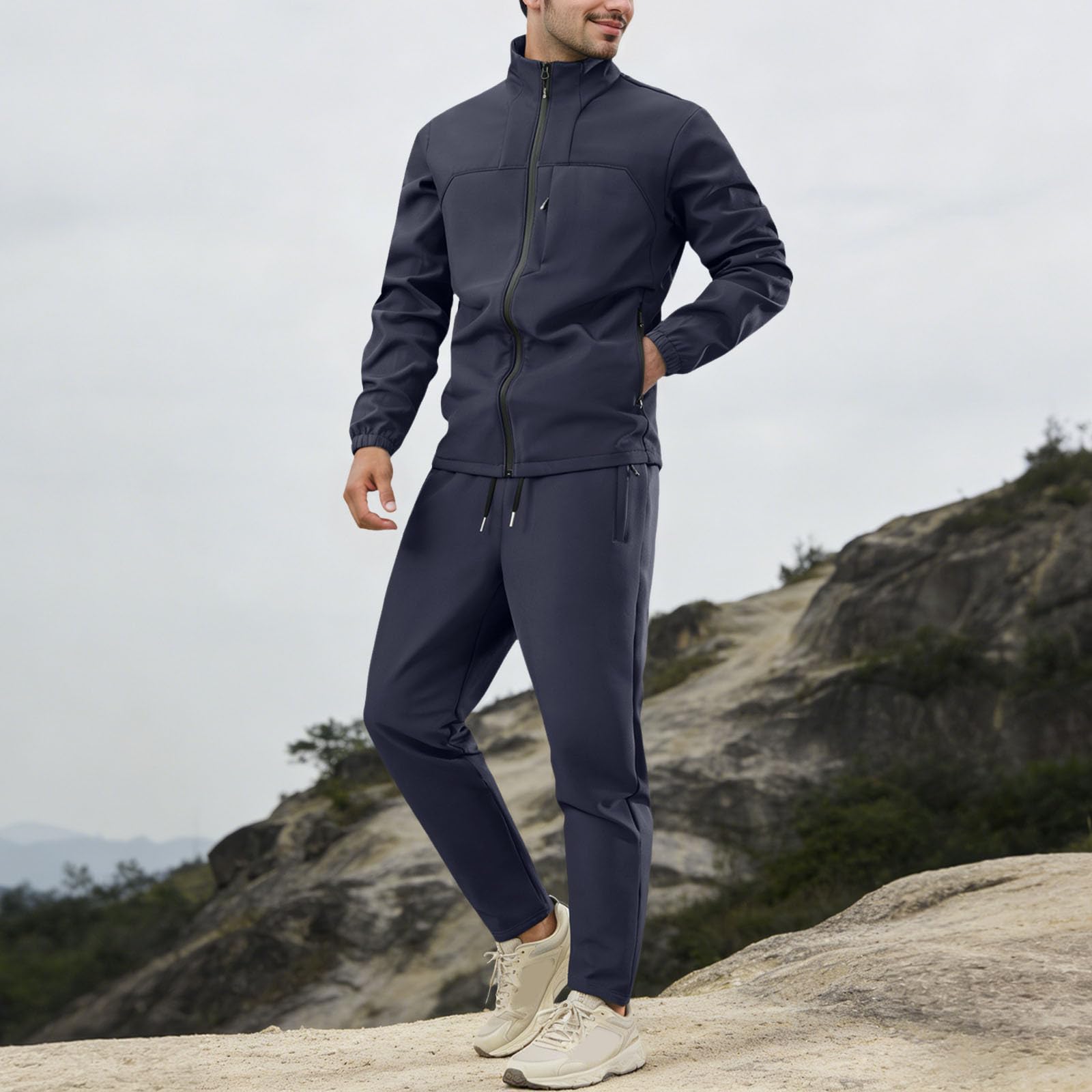 Sportanzug Herren Einfarbig Jogginganzug Set Wasserdichte Winddicht Softshelljacke und Baggy Bequem Sporthose mit Kordelzug Zweiteiliger Sportliche Outdoor Freizeitanzug Outdoorjacke