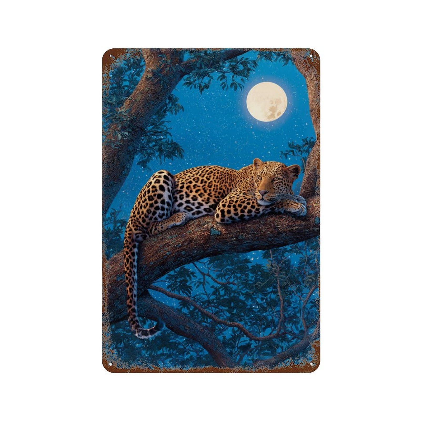 Leopard Moonlit Tree Branch Rustic Tin Plaque 11.8"x7.9", Industrial Home Decor for Pub, Kitchen And Man Cave Decor