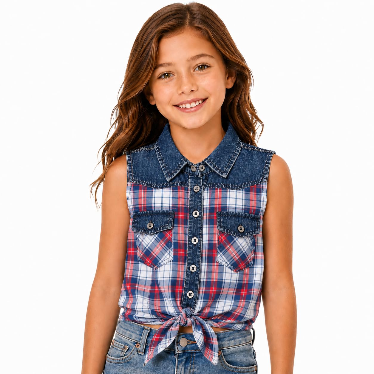 Bienzoe Camiseta corta sin mangas para niñas: blusa informal occidental con botones a cuadros vaquera