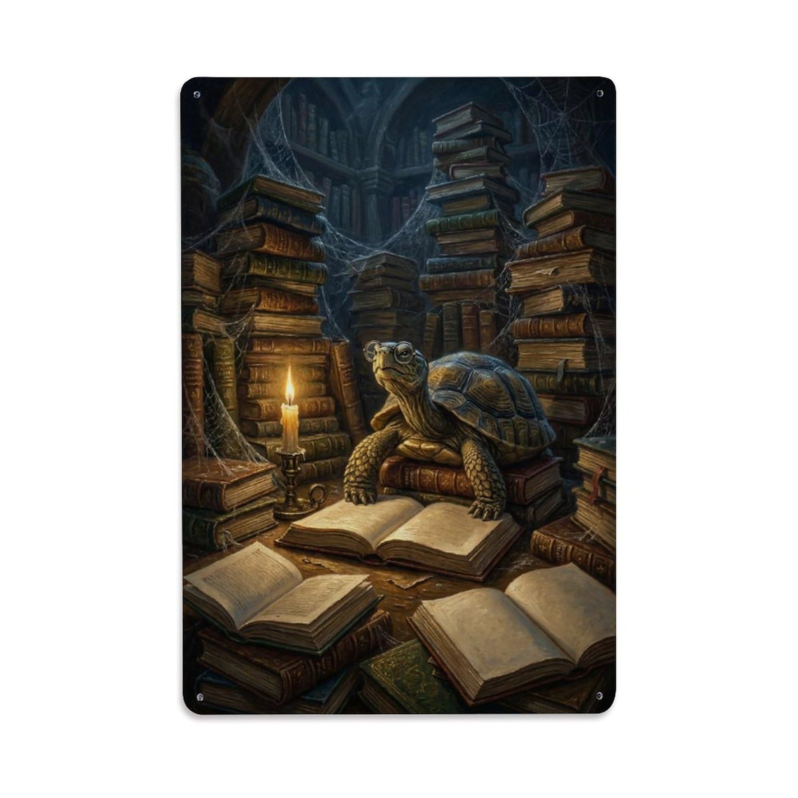 Turtle Library Wisdom Satire Surreal Vintage Animal Visual Metal Tin Sign Plaque Wall Decor for Cafe, Man Cave, Club Bar, Office, Home Garden Round Metal Poster 8x12Inch