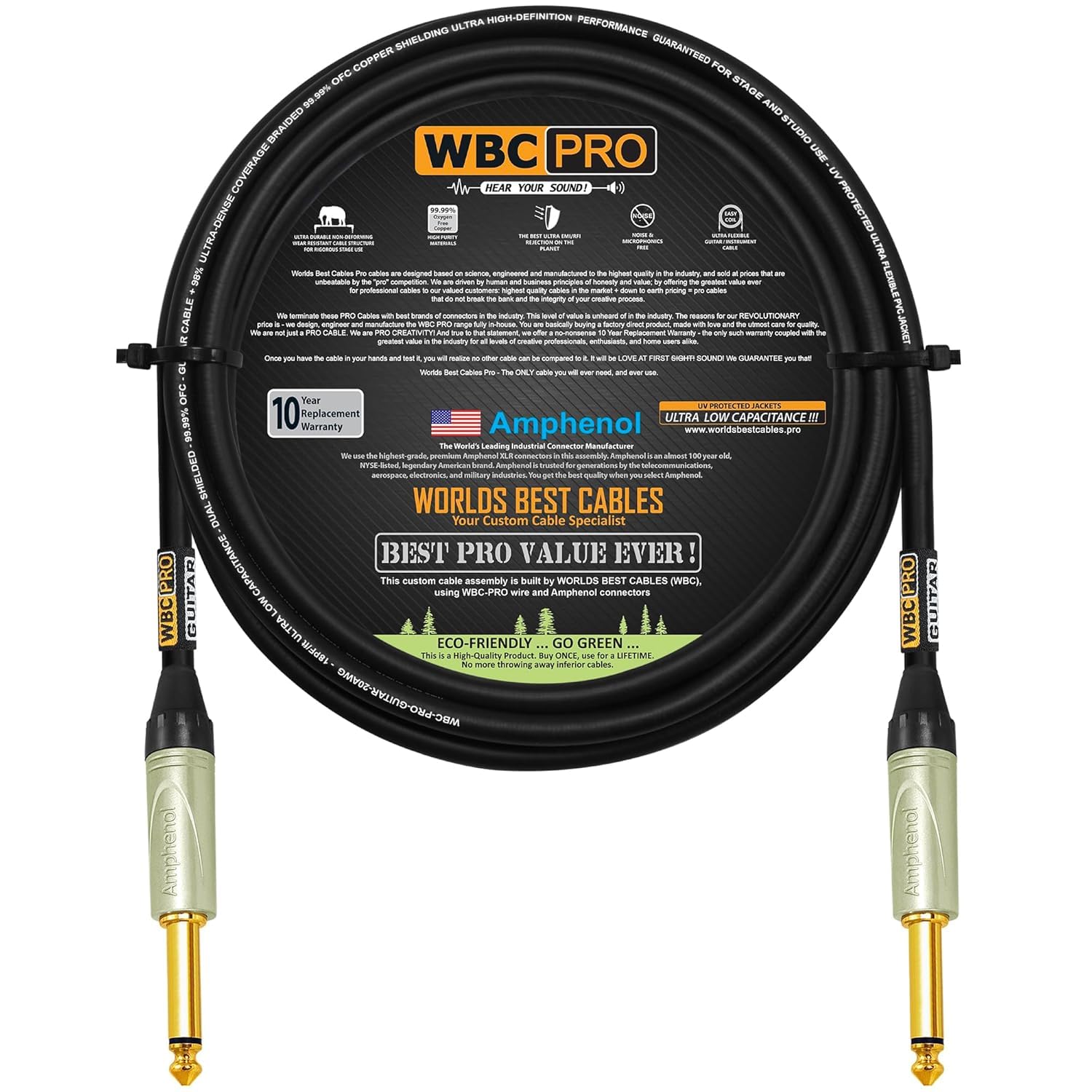 WBC-PRO-Guitarra de 10 pies, 20 AWG, tapa baja (18 pF/pie), grado profesional, a base de grafito, cable de guitarra de doble blindaje, bajo, instrumento con conectores Amphenol QM2P-AU de 6,35 mm
