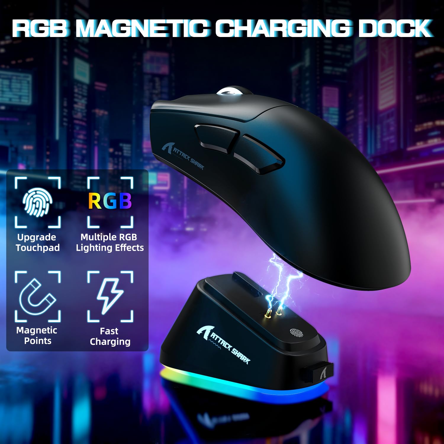 ATTACK SHARK V3PRO Mouse Gaming Senza Fili Con Dock Ricarica Magnetico, PixArt PAW3311, Fino A 25000 DPI, BT/2.4GHz/Filiato, 100M Clic, 500mAh, 65g Ultra-Leggero Per Win11/Xbox/PS/Mac - Nero