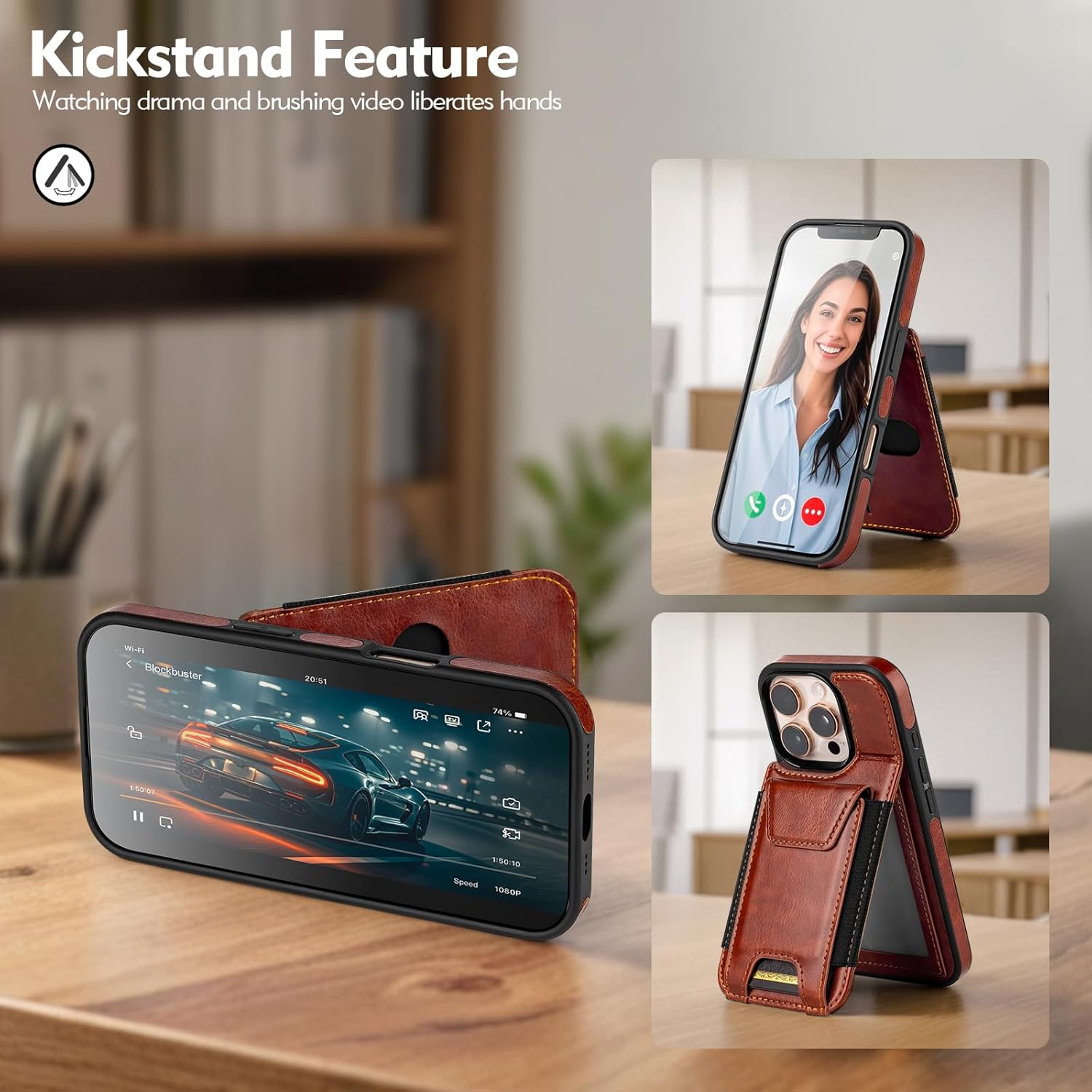 Compatible with iPhone 16 Pro Wallet Case with Card Holder,Women Men Phone Case PU Leather RFID Blocking Shockproof Magnetic Flip Cover Credit Card Slots Kickstand,for Apple 16 Pro,Brown - Image 3