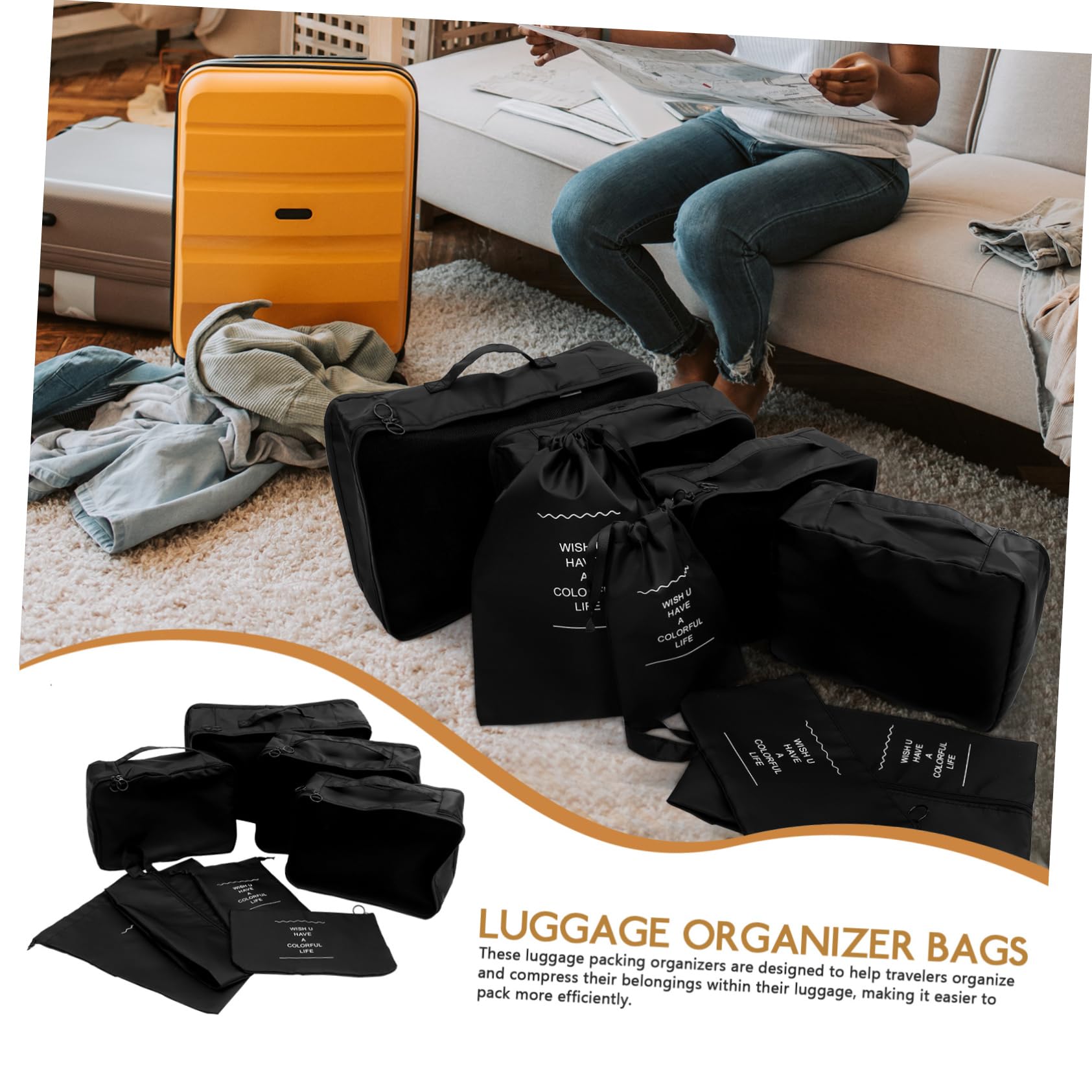Organizer da Viaggio Previene Pieghe Set 8 Pezzi in Poliestere Nero Cubi Organizzatori per Valigia Pratico per Casa e Viaggi