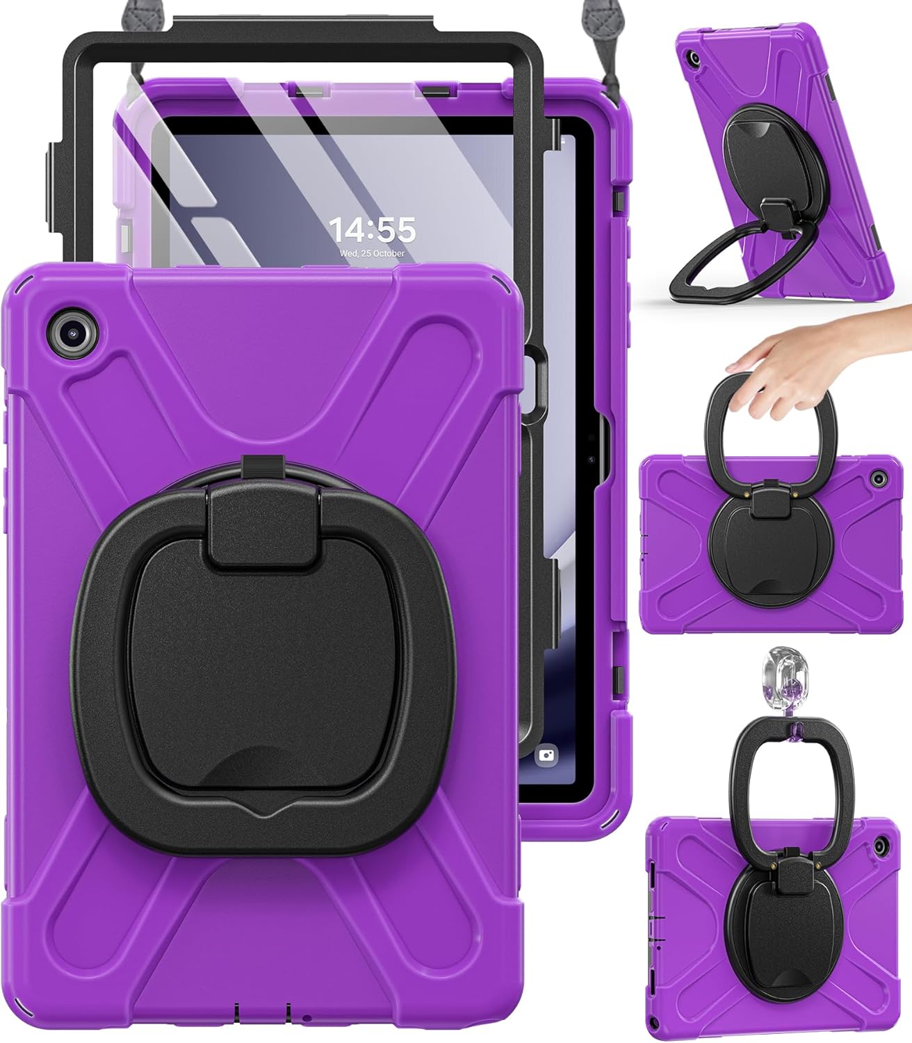 BRAECN Case for Samsung Galaxy Tab A9+/ A9 Plus 11 Inch 2023 SM-X210/X216/X218 with Screen Protector, Rotating Handle Grip, Shoulder Strap, Silicone Heavy Duty Case for Galaxy A9 Plus Tablet, Purple