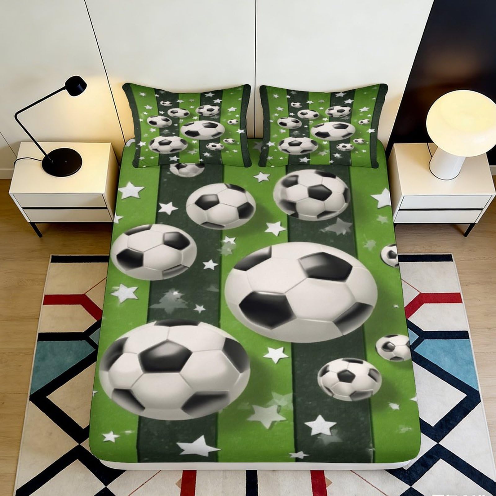 3D Printed Football Field Fitted Sheet Microfiber Non-Slip Soccer Ball Bed Cover for Bedroom Guest Room Decor 90x200x25cm