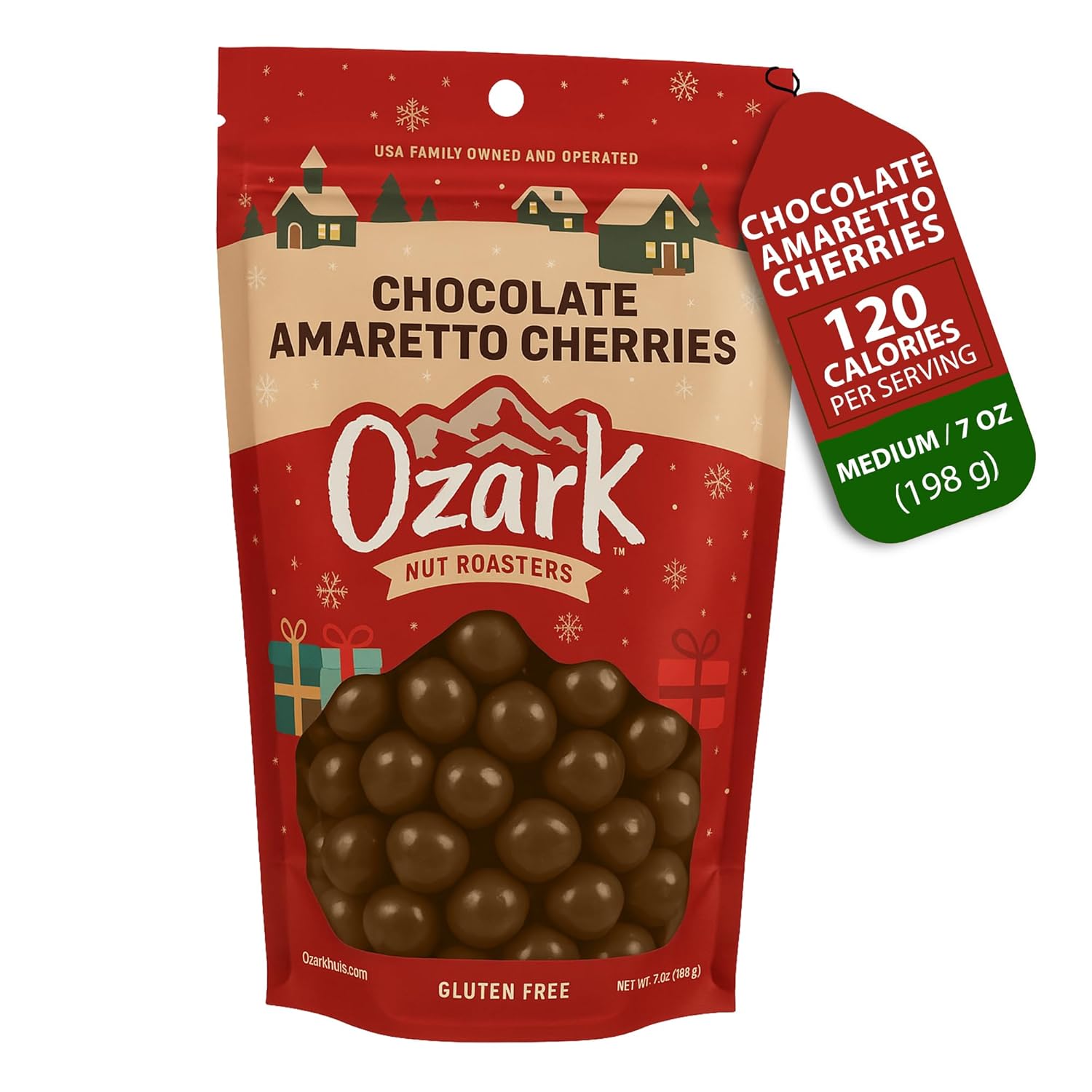 OZARK NUT ROASTERS, Chocolate Amaretto Cherries, Chocolate-Flavored Cherry Snacks, World-Class Gourmet Milk Chocolate Coated Cherries, Resealable Pack of 2 (14 oz)