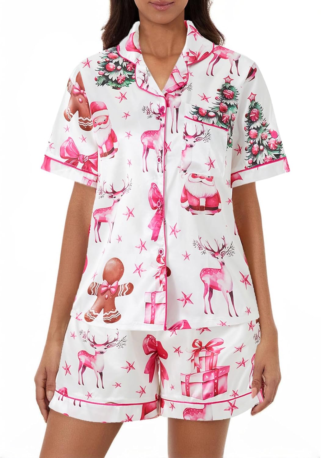 LYSINK Halloween Womens Pajamas Set Satin Button Down 2 Piece Silk Pjs Shorts Set Lingerie Lounge Set Notch Collar Sleepwear