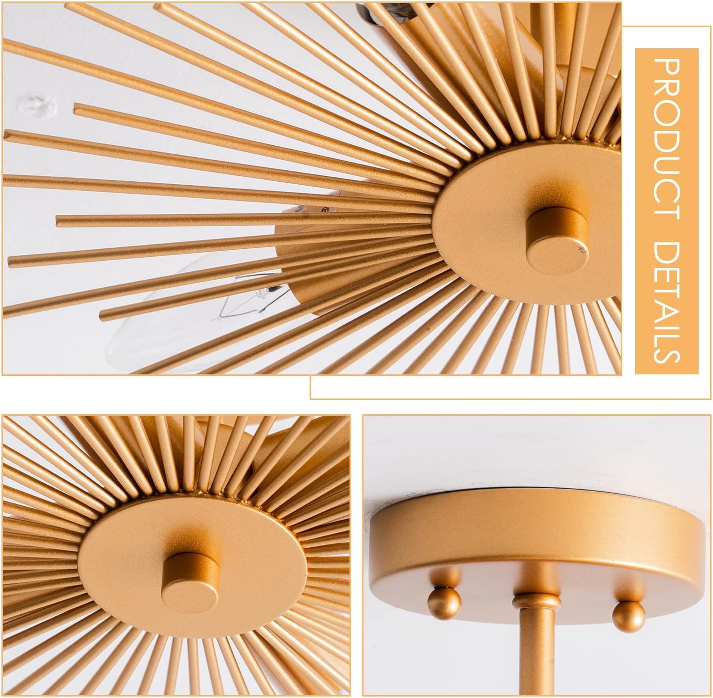 VILUXY Gold Flush Mount Ceiling Light, Modern Brass Sputnik Starburst Semi Light Fixture Small 12.6" for Hallway Entryway Closet Kitchen