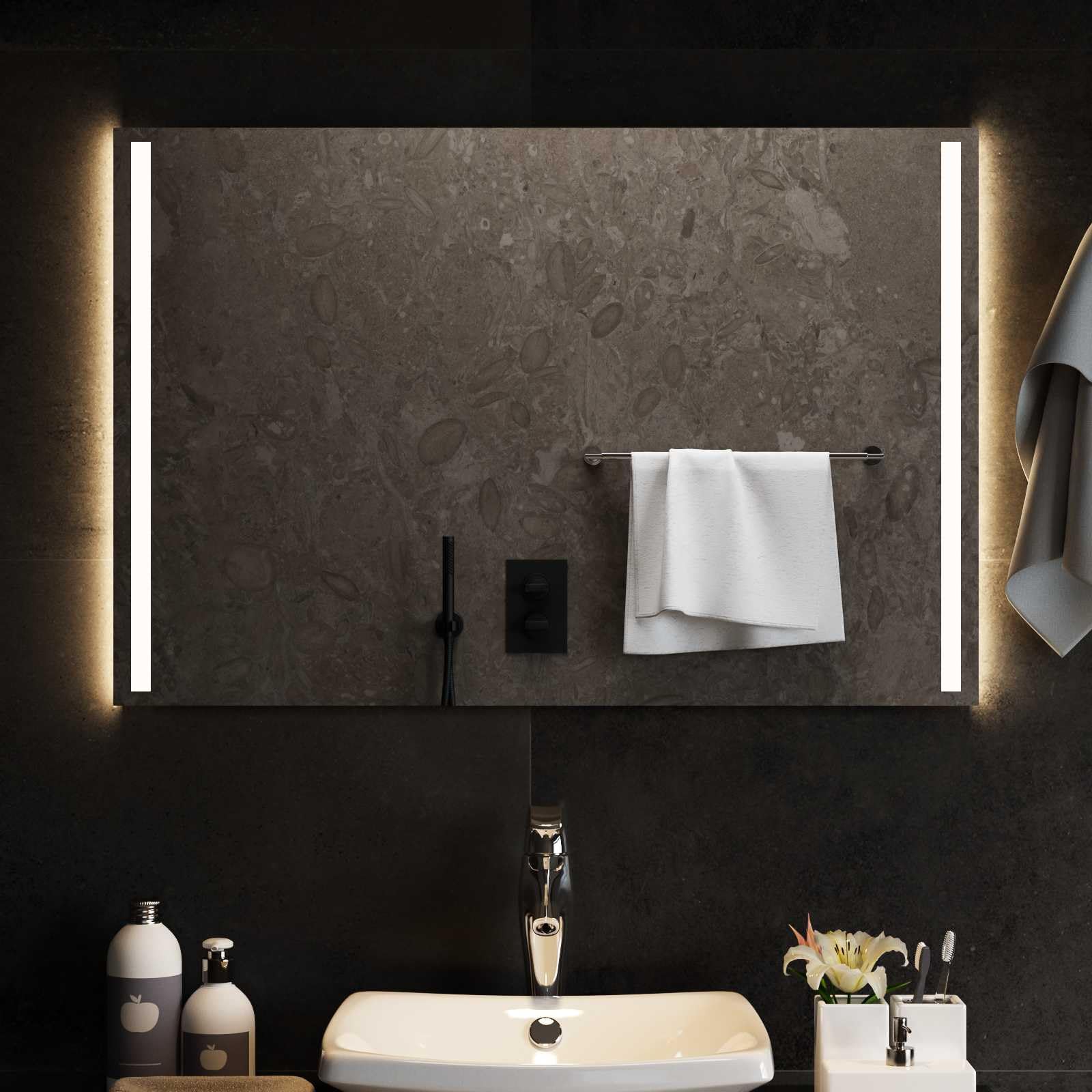 Specchio da bagno a LED, 90 x 60 cm, con vetro temperato, montaggio a parete, elegante accessorio da bagno con illuminazione a LED integrata e struttura in vetro di sicurezza durevole