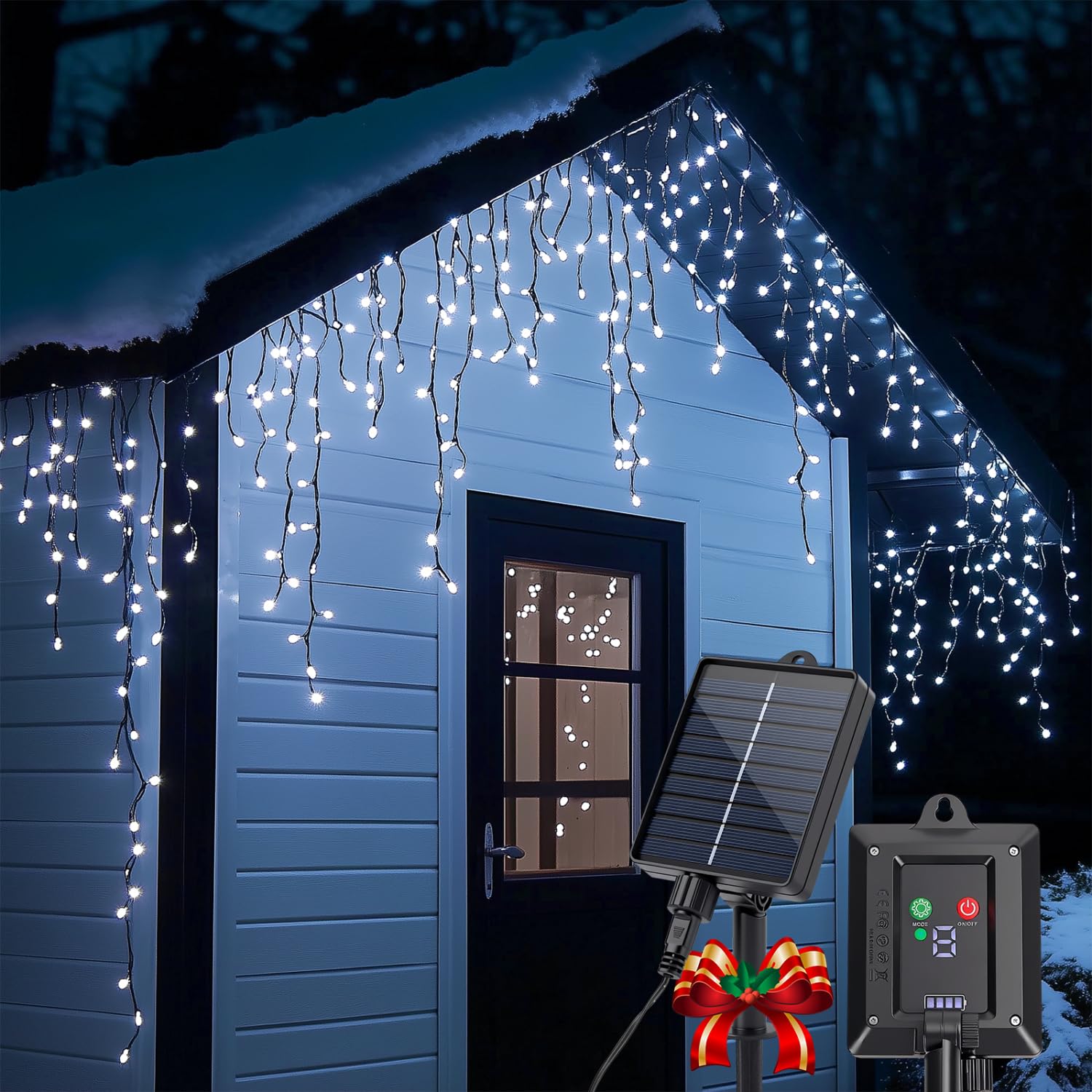 Aigostar Solar Christmas Icicle Lights Outdoor, 5M 100 LED, IP65 Waterproof, Auto Dusk to Dawn, 8 Modes with Memory Function, Cool White for House Roof, Gutter, Garden, Window Decor