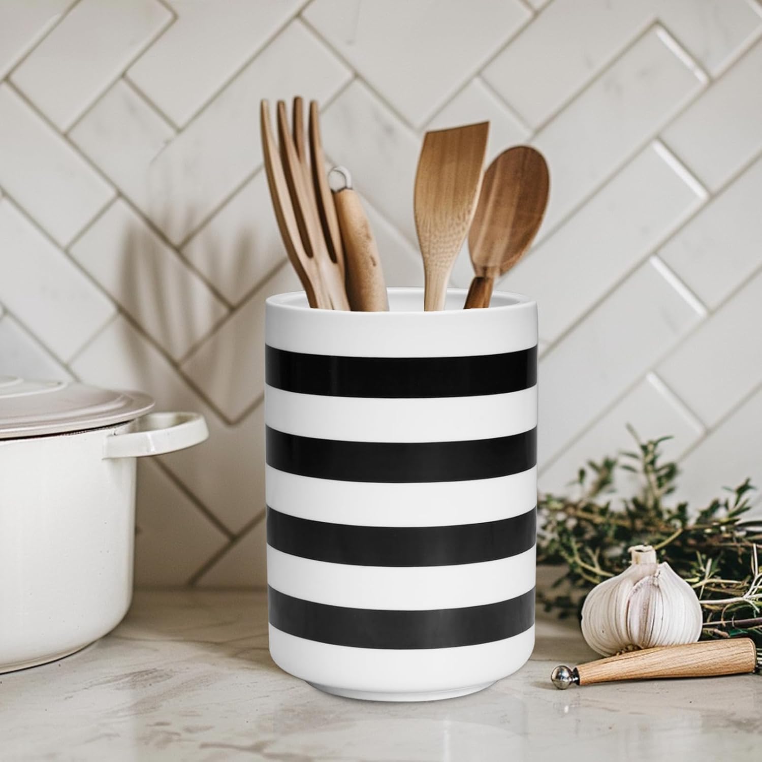 Sunddo Kitchen Utensil Holder, 6.7" Large Utensil Crock, Utensil Holder for Kitchen Counter, Ceramic Farmhouse Utensil Organizer for Kitchen Decor