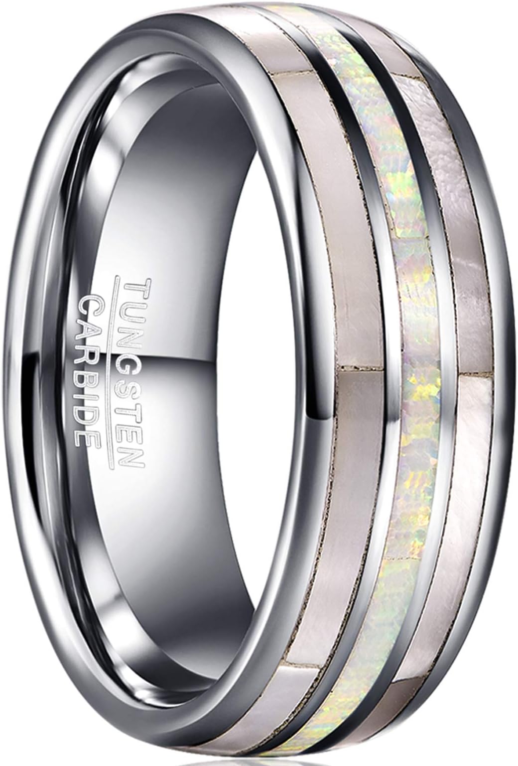 CHALAIR8mm Men's Rings with White Created-Opal and Shell Silver Tungsten Carbide Wedding Bands Domed Polished Ring Size O-Y