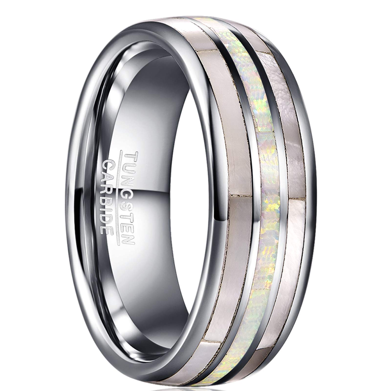 CHALAIR8mm Men's Rings with White Created-Opal and Shell Silver Tungsten Carbide Wedding Bands Domed Polished Ring Size O-Y