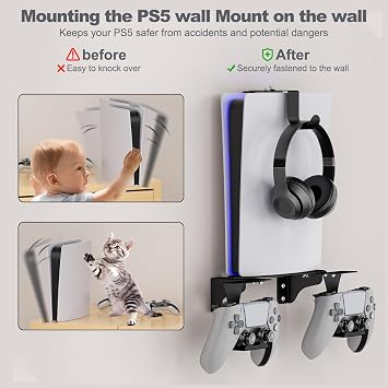 Adjustable PS5 Wall Mount Bracket,Metal Base, With 2 Detachable Controller Holder And Headphone Holder,for PS5/PS5 Slim/PS5 pro