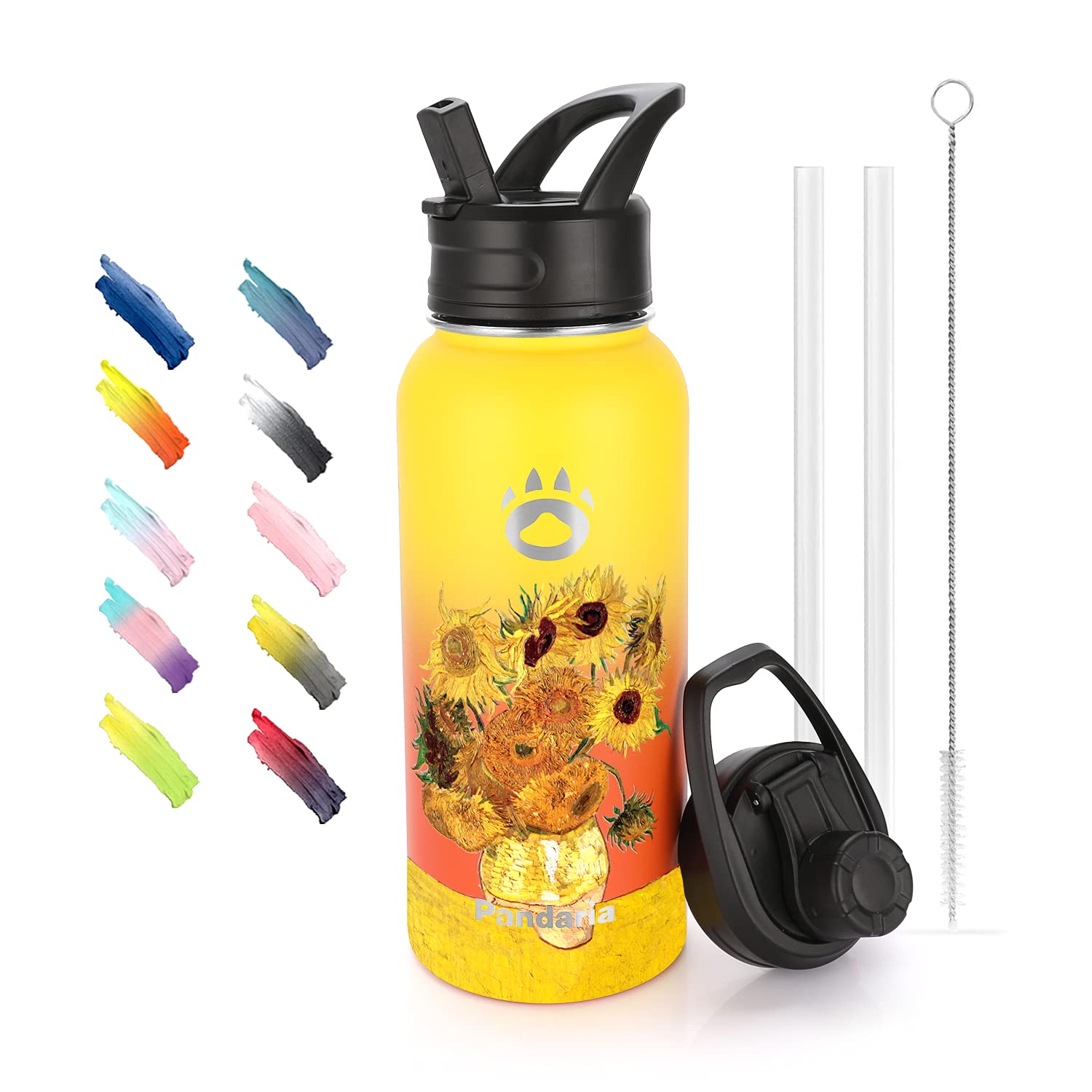Pandaria 32oz Insulated Water Bottle Stainless Steel, Leak Proof Water Bottle with 2 Starws, 2 Lids and 1 Cleaning Brush (Sun Flower, 32 Ounces)