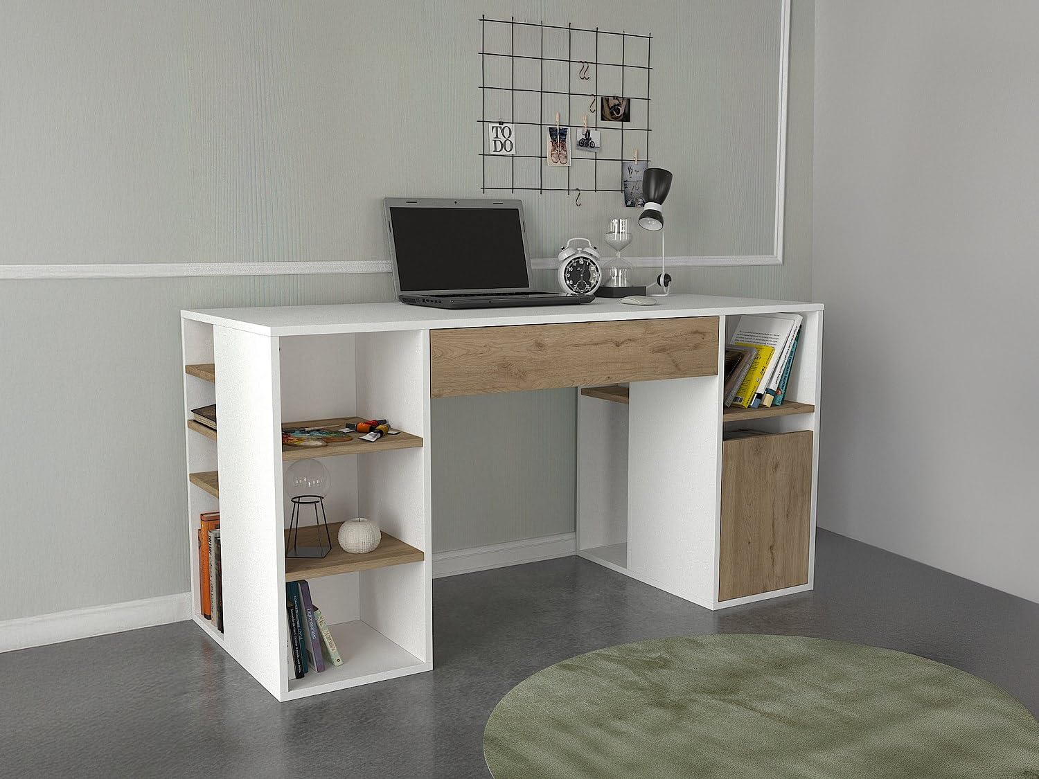 Vente-unique - Bureau avec rangements - Blanc et Naturel - MELAVA