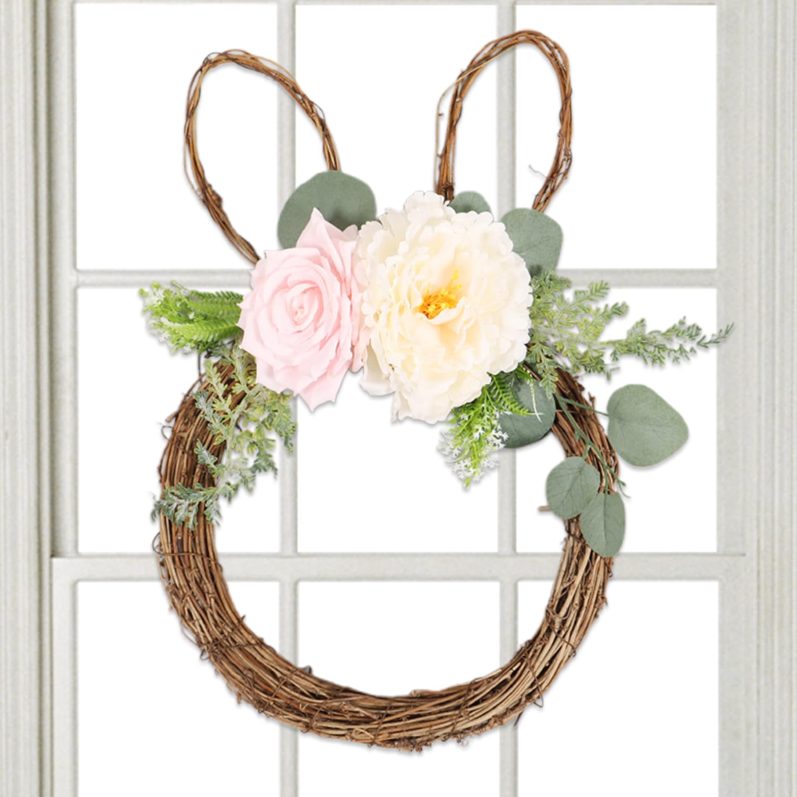 Couronne de porte pour Pâques avec fleurs de printemps et lapin décoratif extérieur intérieur