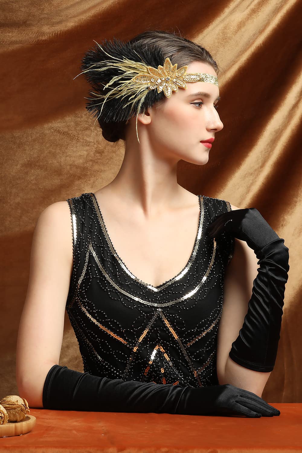 Women Black Gold 1920s Flapper Headband Ostrich Feathers Headpiece Hair Accessor Amazon.com: LATIMOON 1920s Flapper Headband Ostrich Feathers  main image 4