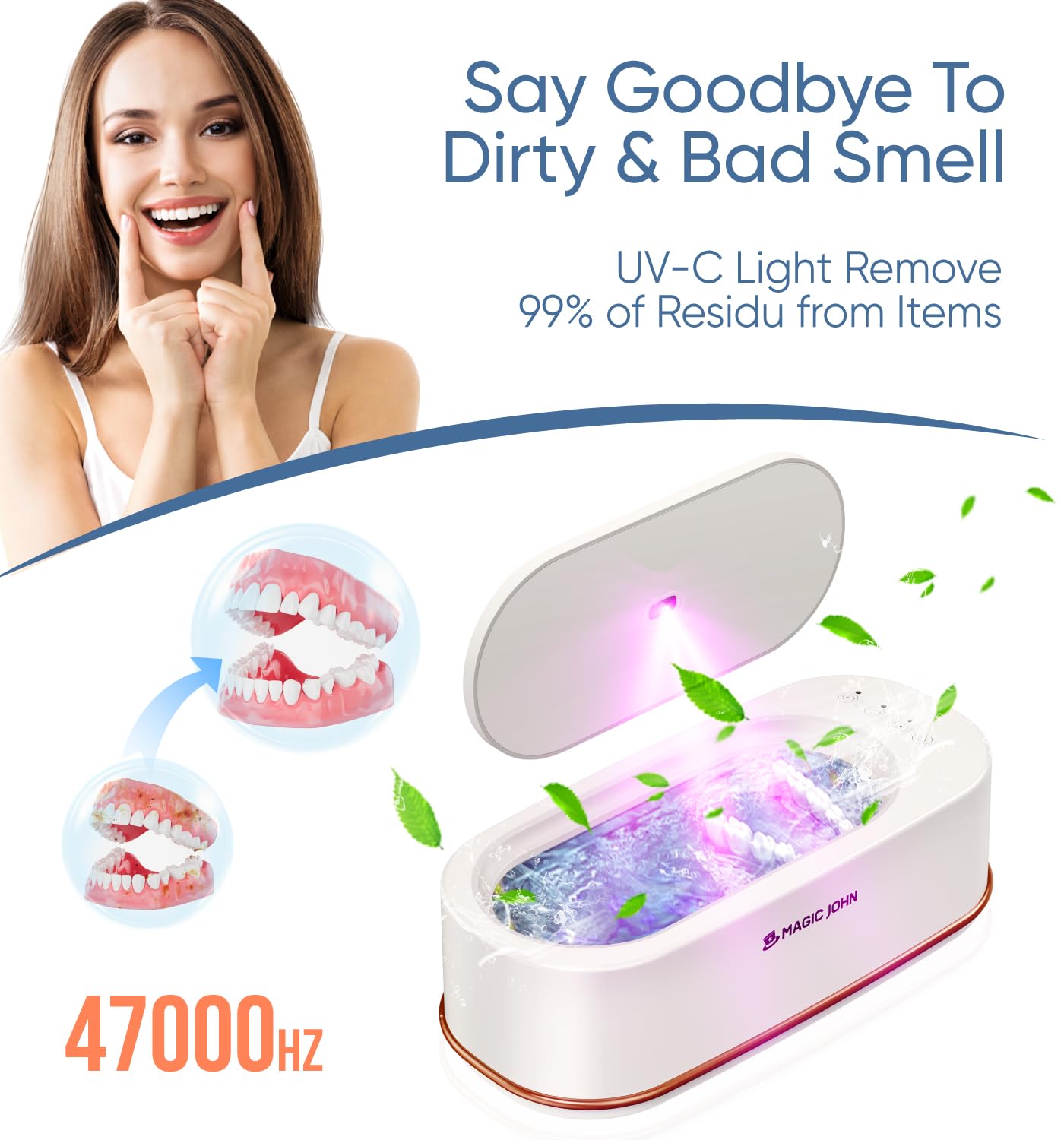 MAGIC JOHN Ultrasonic Cleaner, 3 Modes Professional Ultrasonic Jewelry Cleaner, 47Khz Ultrasonic Retainer Cleaner, 12oz Sonic Cleaner for Glasses, Watch, Dentures, Dental Retainer, Ring, White