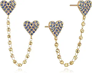 FETTERO Gold Chain Earrings for Women, 14K Gold Plated Hypoallergenic Earring for Multiple Piercing, Tassel Chain Heart Pendant Double Piercing Stud Earrings | Charm Gold Earring for Women