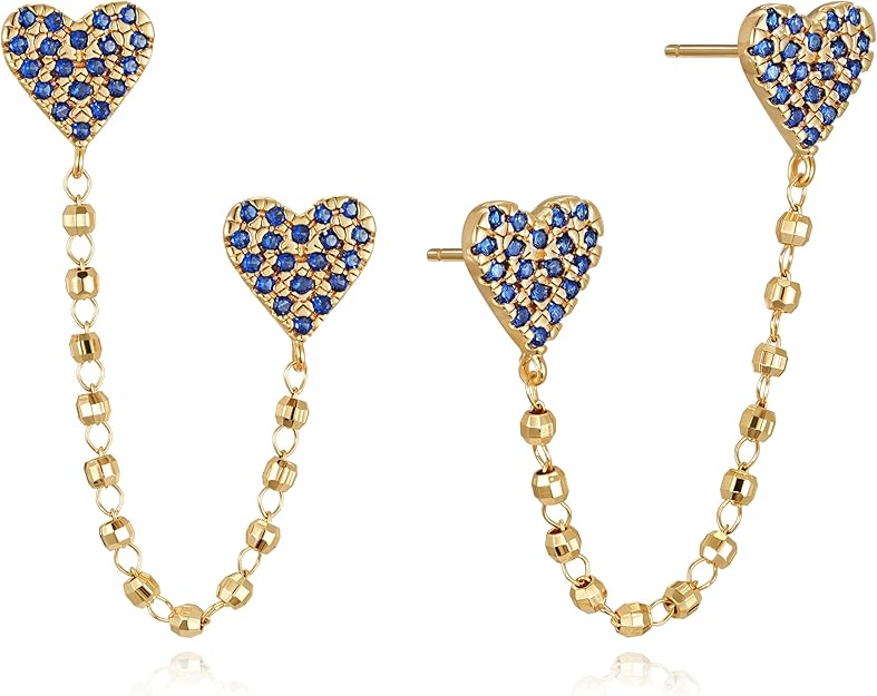 FETTERO Gold Chain Earrings for Women, 14K Gold Plated Hypoallergenic Earring for Multiple Piercing, Tassel Chain Heart Pendant Double Piercing Stud Earrings | Charm Gold Earring for Women