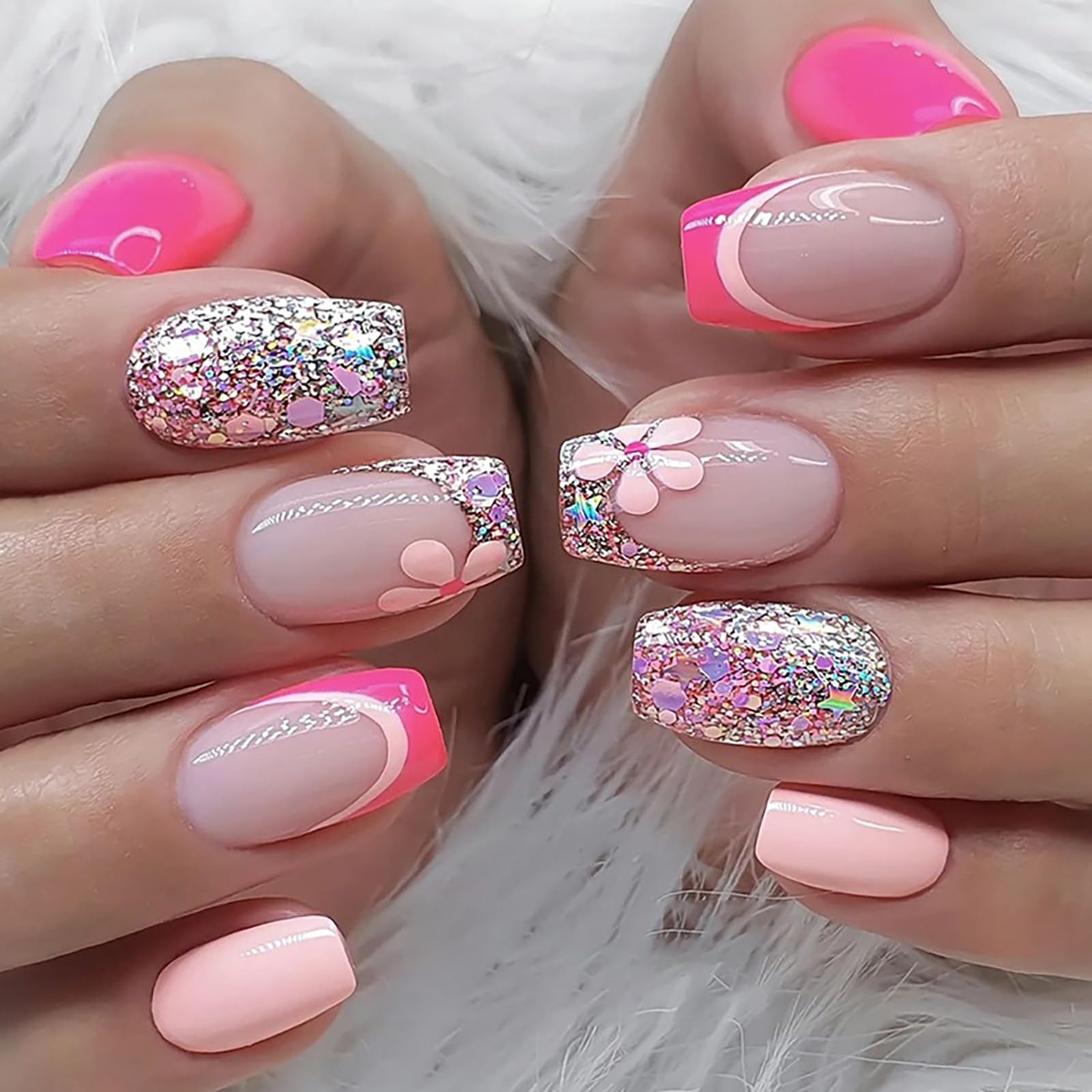 Pink Press on Nails Medium Coffin SWEKKE French Tip Fake Nails Full Cover Flower False Nails with Designs Sliver Glitter Glossy Glue on Nails Manicure
