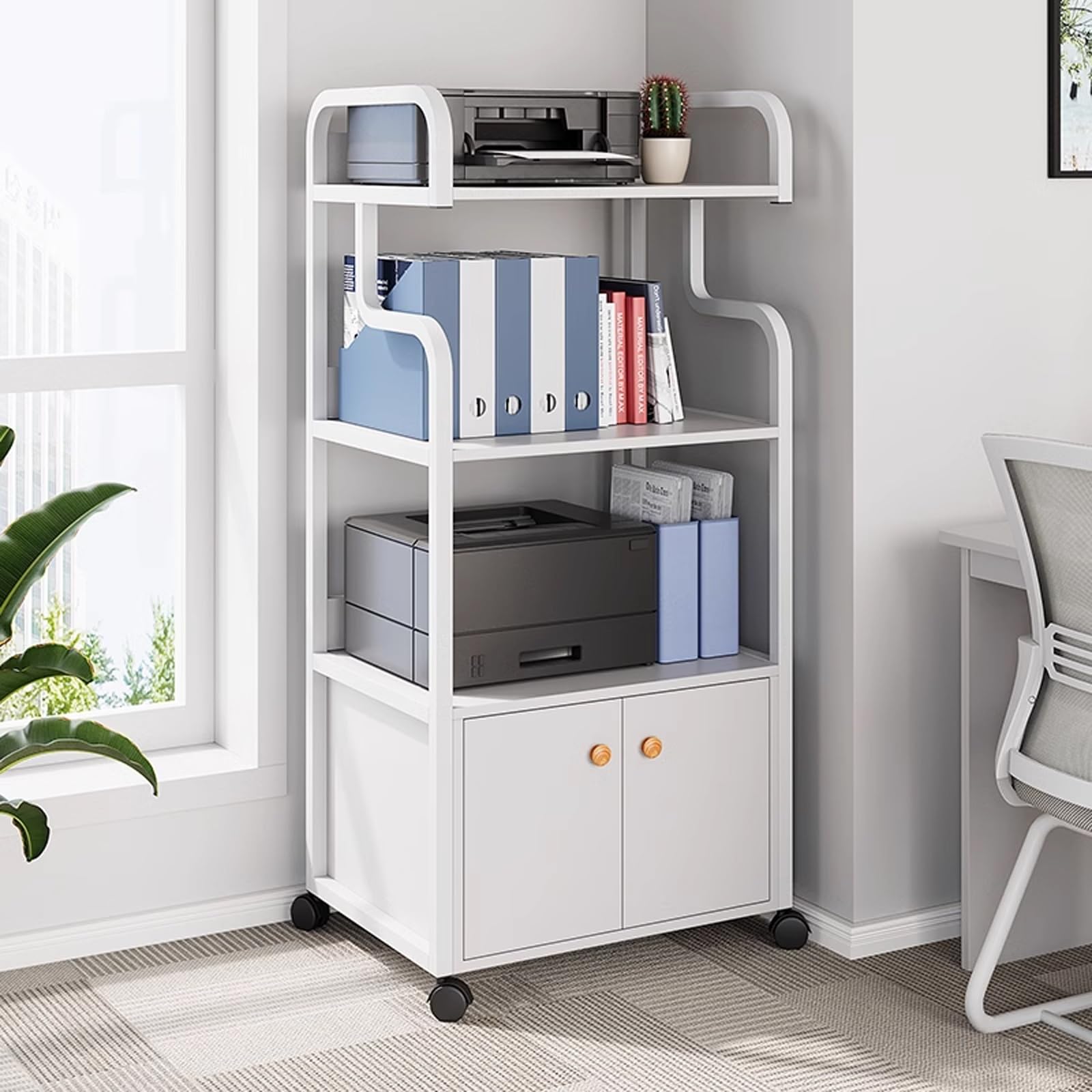 Soporte grande para impresora con ruedas, mesa de almacenamiento alta para oficina en casa, marco de acero duradero con puerta y protección deflector, color blanco (52 x 34 x 89,5 cm)
