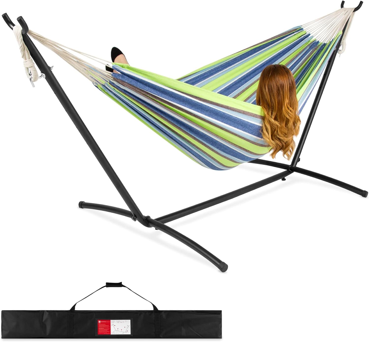 2-Person Brazilian-Style Cotton Double Hammock with Space-Saving Steel Stand Set and Portable Carrying Bag, 450-Pound Capacity (Blue Green Stripe)