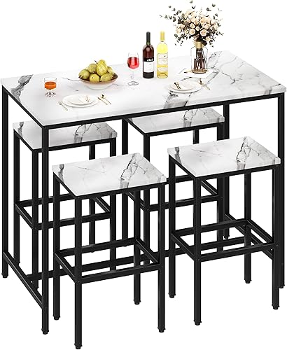Yongchuang Juego de mesa de bar de 5 piezas, juego de 4 mesas de bar de cocina, mesa de metal moderno con taburetes para comedor, sala de estar,