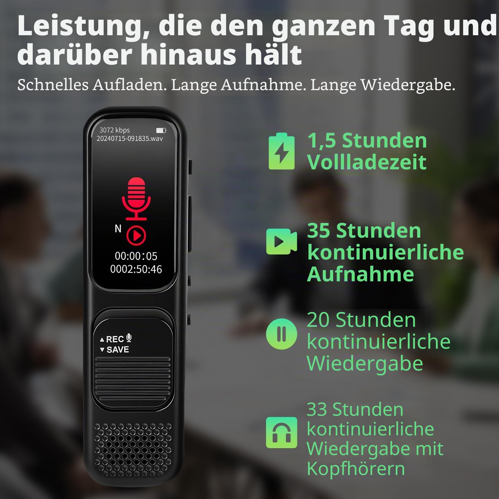 64 GB Diktiergerät Digital mini – 3072 Kpbs Magnetisches Sprachaktiviertes Aufnahmegerät mit DSP-Rauschunterdrückung für Anrufe/Interviews/Unterricht/Besprechungen