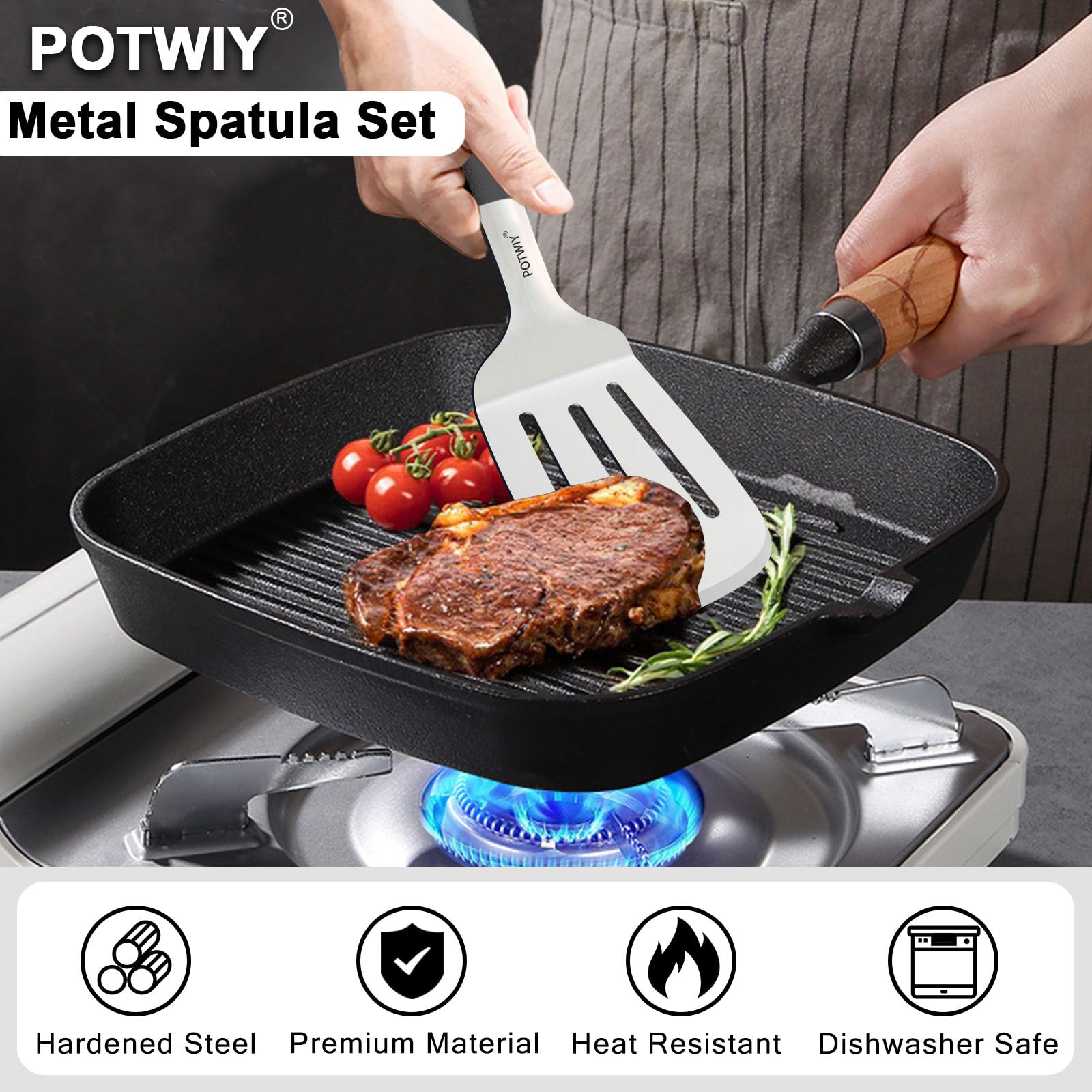 Edelstahl-Kochspatel, großer Metallwender für Gusseisen-Bratpfannen und flache Grills, Silikongriff, robuster Smash-Burger- und Eierspaten, 11,7 x 9,4 cm