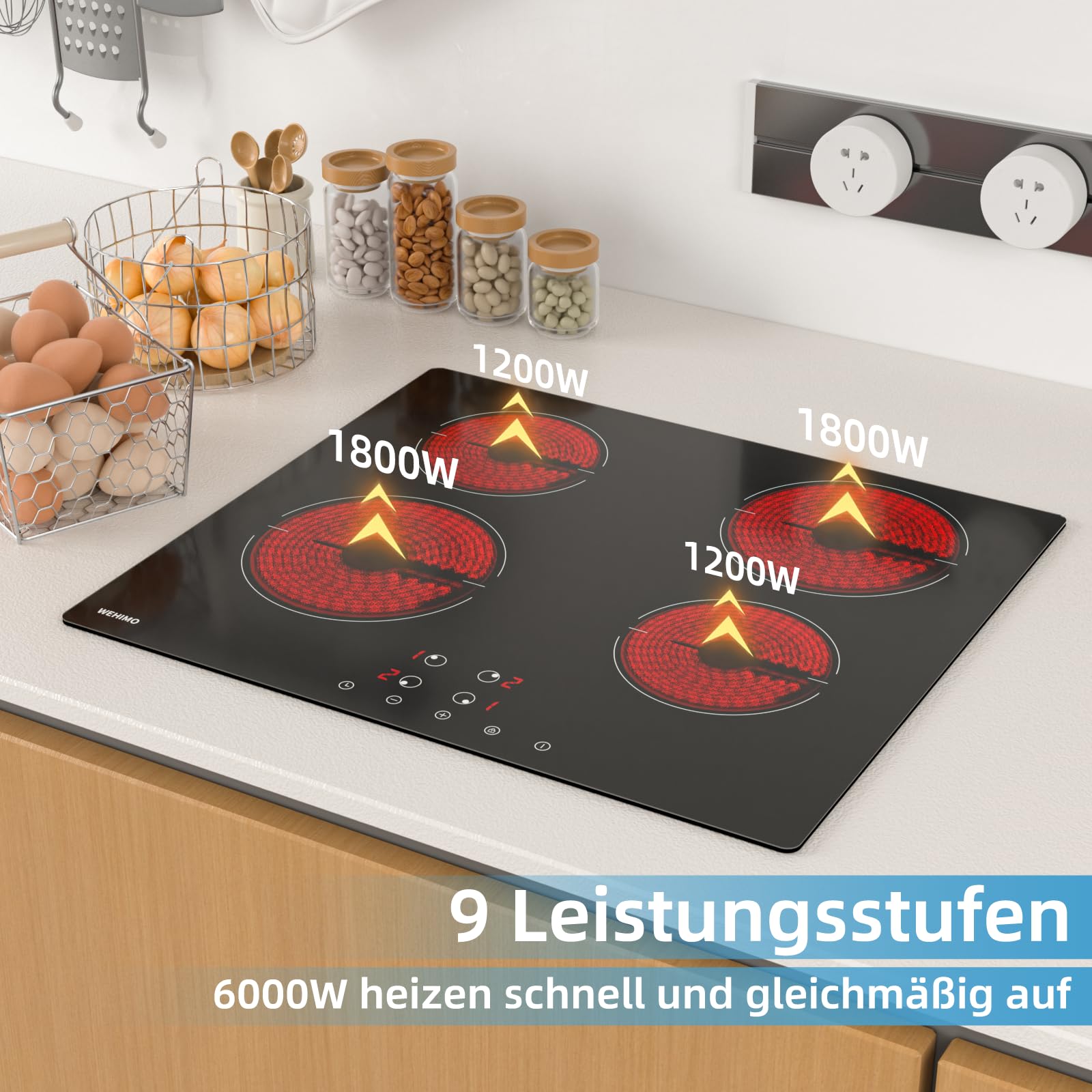 WEHIMO Domino płyta grzewcza, 4 płyty, płyta szklano-ceramiczna, 59 m, 6000 W, 9 stopni ogrzewania, sterowanie dotykowe, zabezpieczenie przed dziećmi, timer 1-99 min, nadaje się do wszystkich garnków