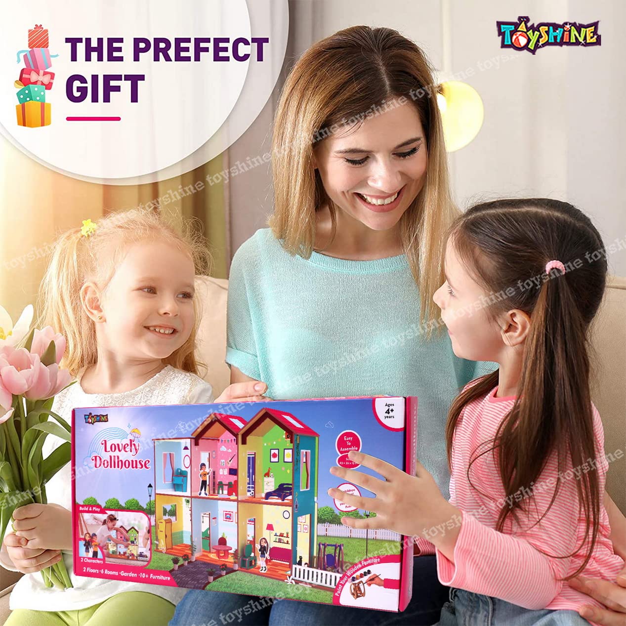 Toyshine Big Size Wooden DIY Doll House for Kids with Furniture, Dolls, Side Garden and Much More! Play House Learning Toy for Girls Boys 3 4 5 6 7 Year Old Birthday Gift Dollhouse - Image 8 thumbnail