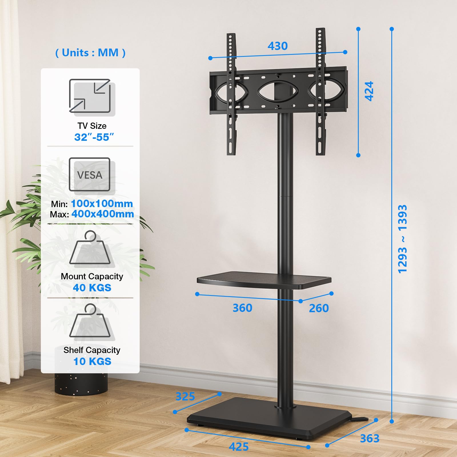5Rcom TV Ständer Fernsehständer für 32-60 Zoll Fernseher bis zu 40 kg,Universal Stand TV Standfuss mit Schwenkbar, Höhenverstellbar, TV Bodenständer Hoher,Max VESA 400x400mm (Schwarz)