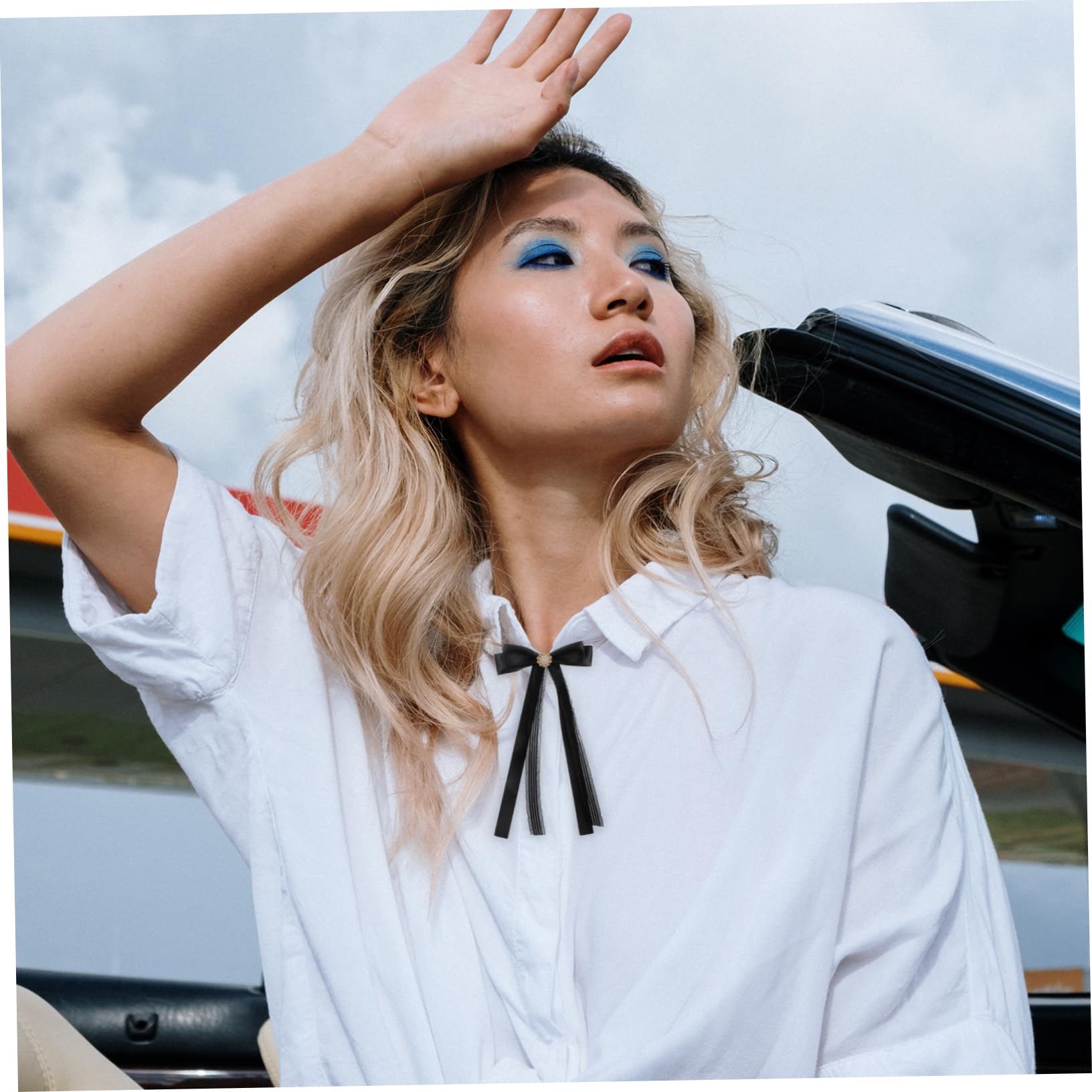 TOGEVAL Novelty Bow Tie Set Black Ribbon Bowknot Design Pre Tied Brooch Neck Tie for Women Men