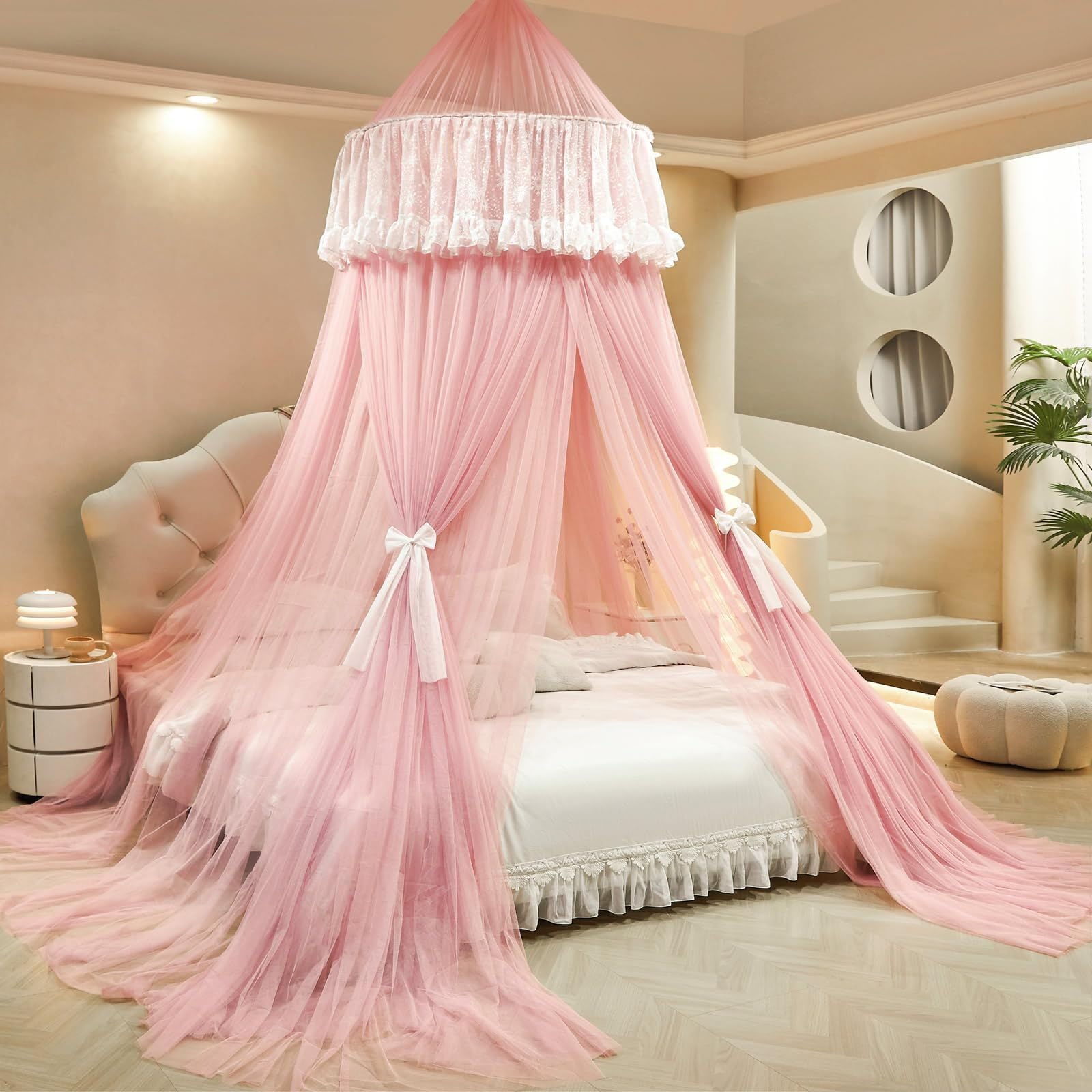 SDCGB Bed Canopy Princess for Girls, Double Layer Dreamy Sheer Mesh Dome Bed Curtain, Round Lace Princess Mosquito Net for Twin Full Queen King Bed, Pink